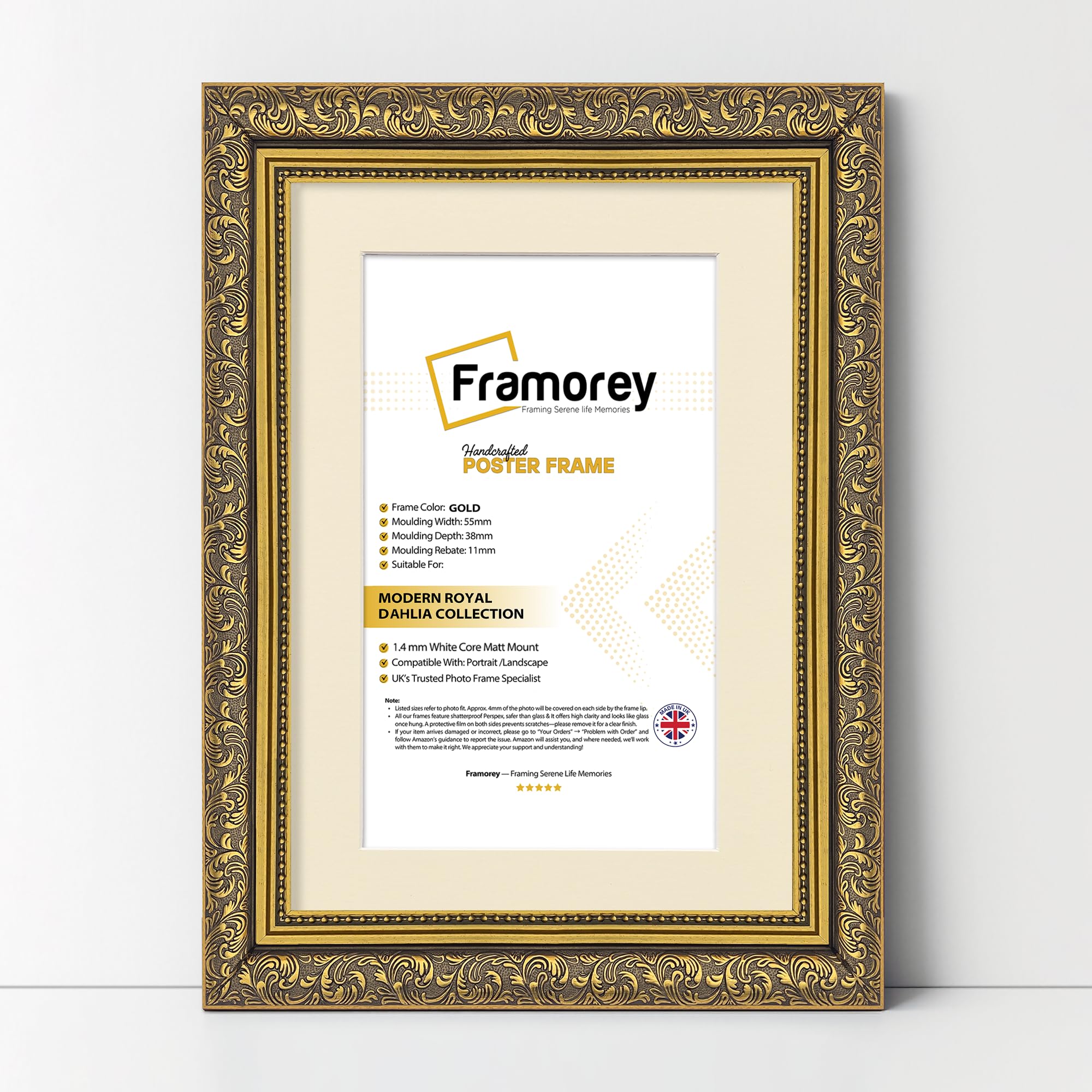 FRAMOREY Dahlia Ornate Effect Picture Frames, 60x80CM Size Gold Photo Frame With 50x70CM Size Ivory Mount, Traditional Wall Art Poster Frames, Photo Print Frame
