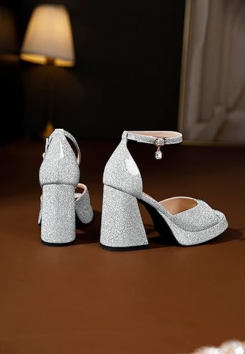 Miniatura 4 de Eldof Tacones gruesos de plataforma para mujer, sandalias de tacón abierto con correa al tobillo, tacones altos gruesos, zapatos de vestir para