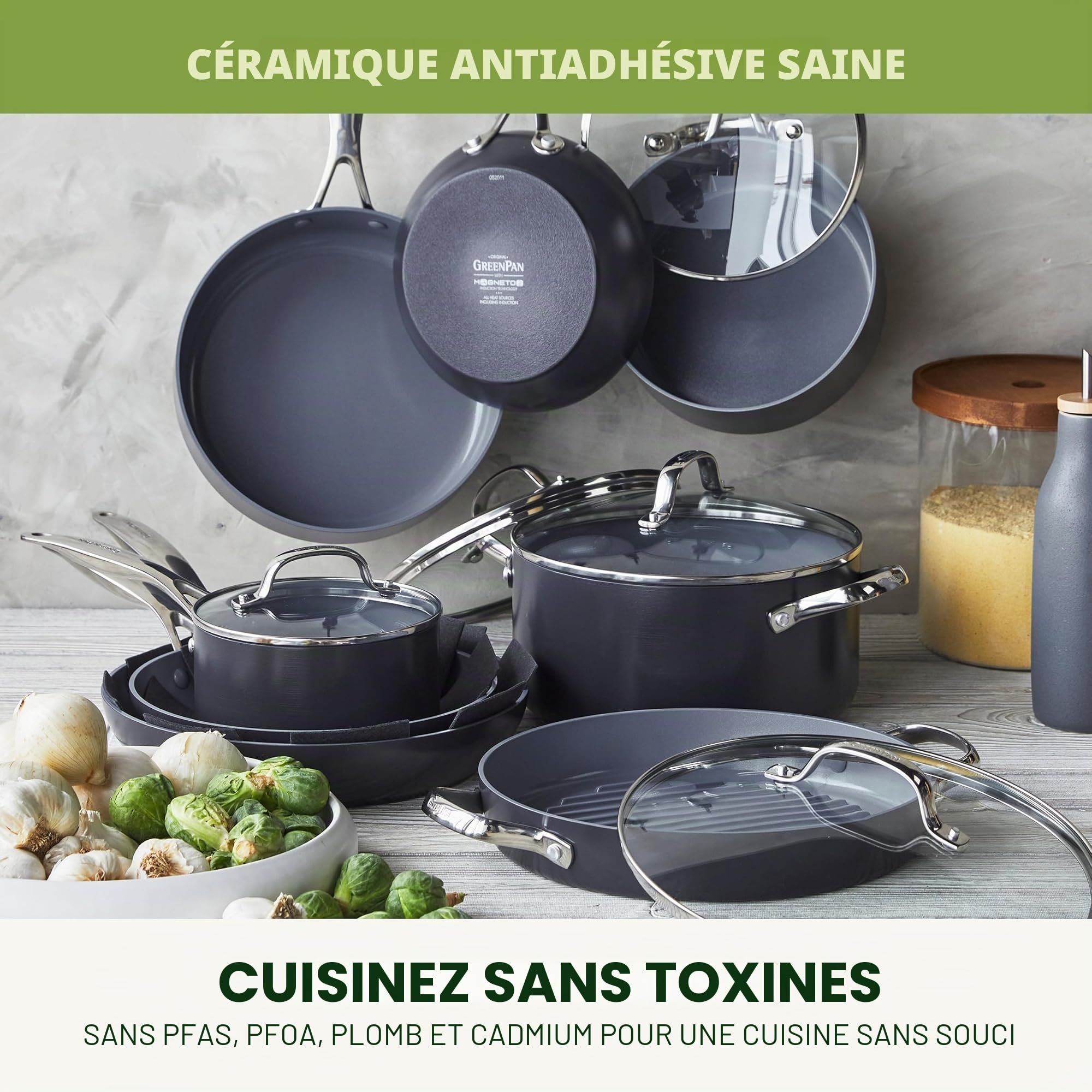 GreenPan Valencia Pro Céramique Anodisée Saine Antiadhésive Batterie de Cuisine de 16 Poêles,Fête des Mères,Sans PFAS,Inclus Poêles à frire,Sauteuses,Casseroles,Induction,Lave-vaisselle,Four,Gris