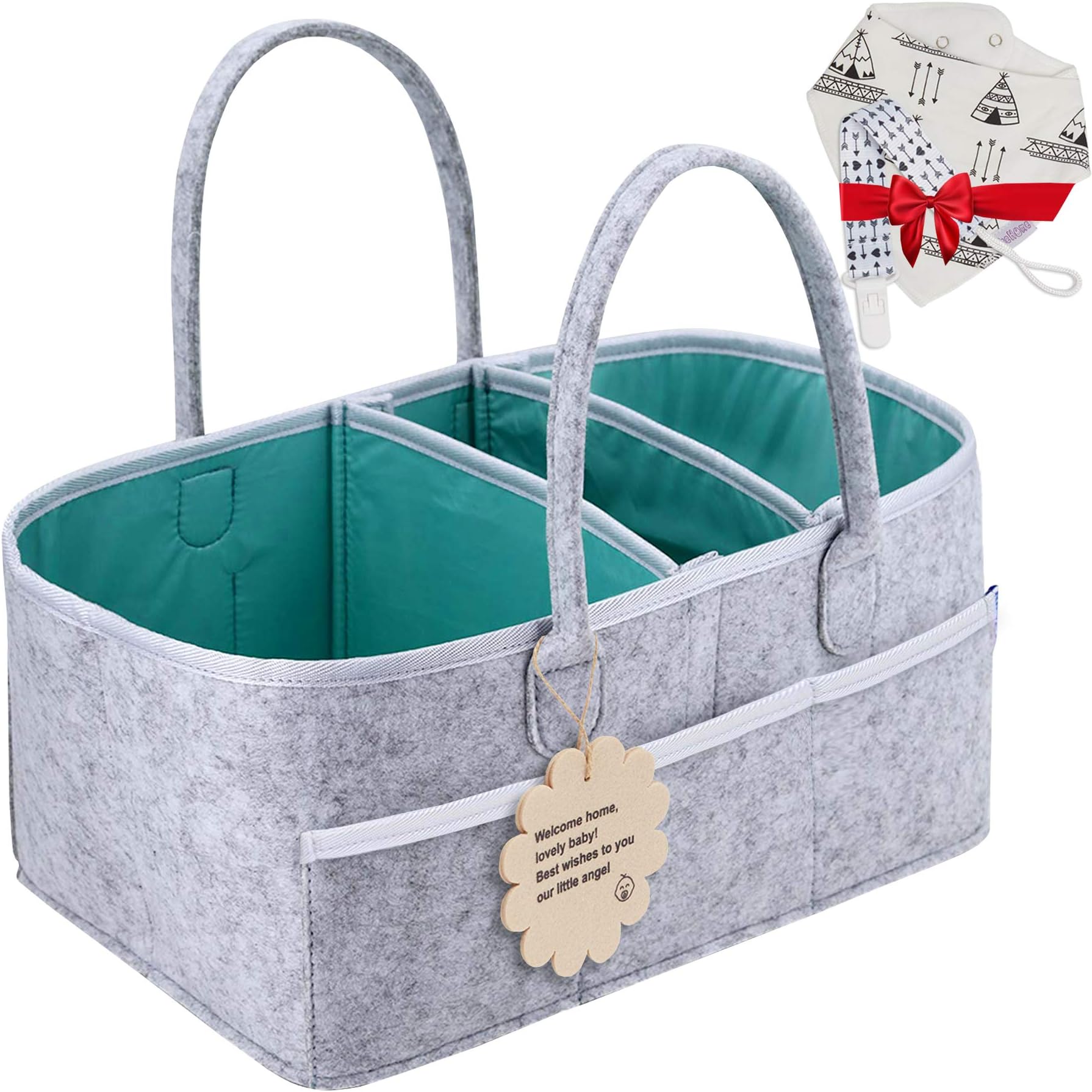 Baby Diaper Caddy Organizer - Shower Registry Gift Basket with Pacifier Clips, Bibs for Newborn - Caddy Nursery with Waterproof Liner Easy to Clean Perfect for Changing Table and Car - Grey Nappy Bag