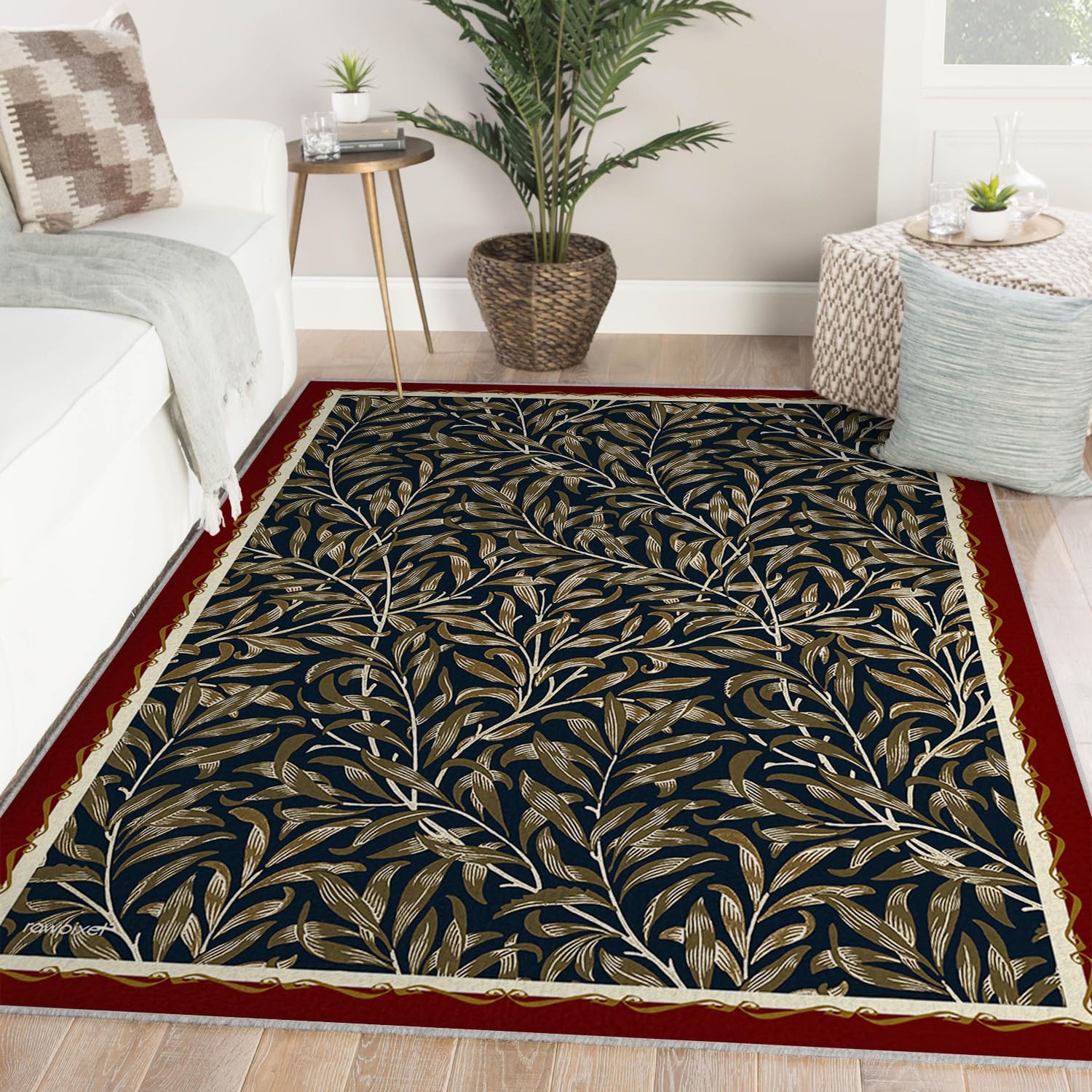 Dywany Bohemian Liść 160x200cm Dywany Salon Dywan Botaniczny Miękkie Niskie Włosy Antypoślizgowe Jadalnia Dywan Wewnętrzny Brązowy Wierzba Liście Odporne Na Plamy Gry