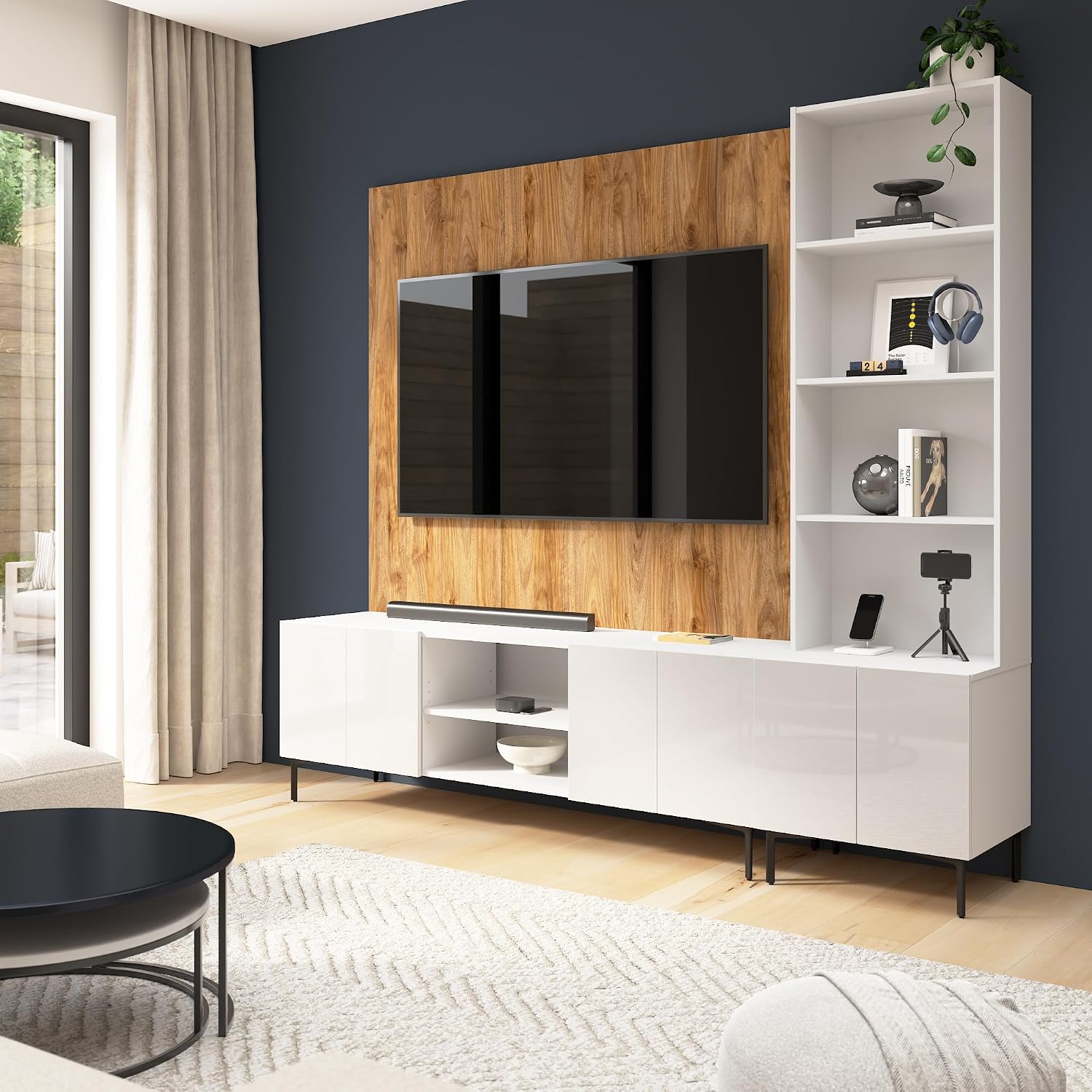 Bestar 94-inch Modular Entertainment Center with TV Stand, Storage Cabinet, Hutch, and Small Wall Panel, Living Room Furniture, Barletta Collection, High Gloss White/Fresh Walnut