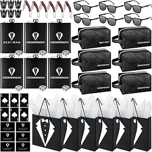 60Pcs Groomsmen Gifts Set of 6, Groomsmen Proposal Box with Flasks Sunglasses PU Leather Toiletry Bag Bottle Opener for Wedding Groomsman Best Man Gift (Black)