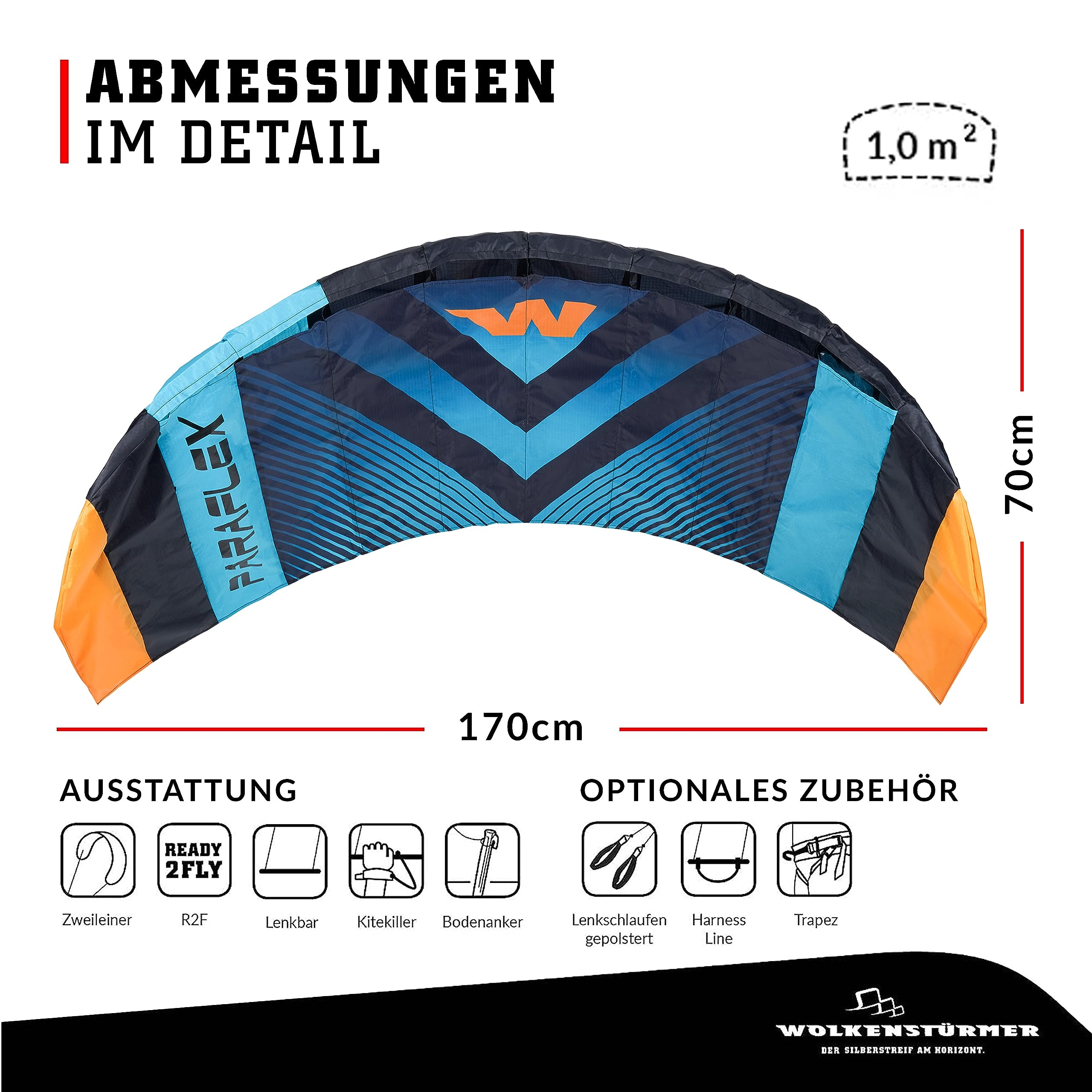 Wolkenstürmer Paraflex Sport 1.7 Tapis de Direction à 2 Lignes Turquoise Cerf-Volant avec Guidon