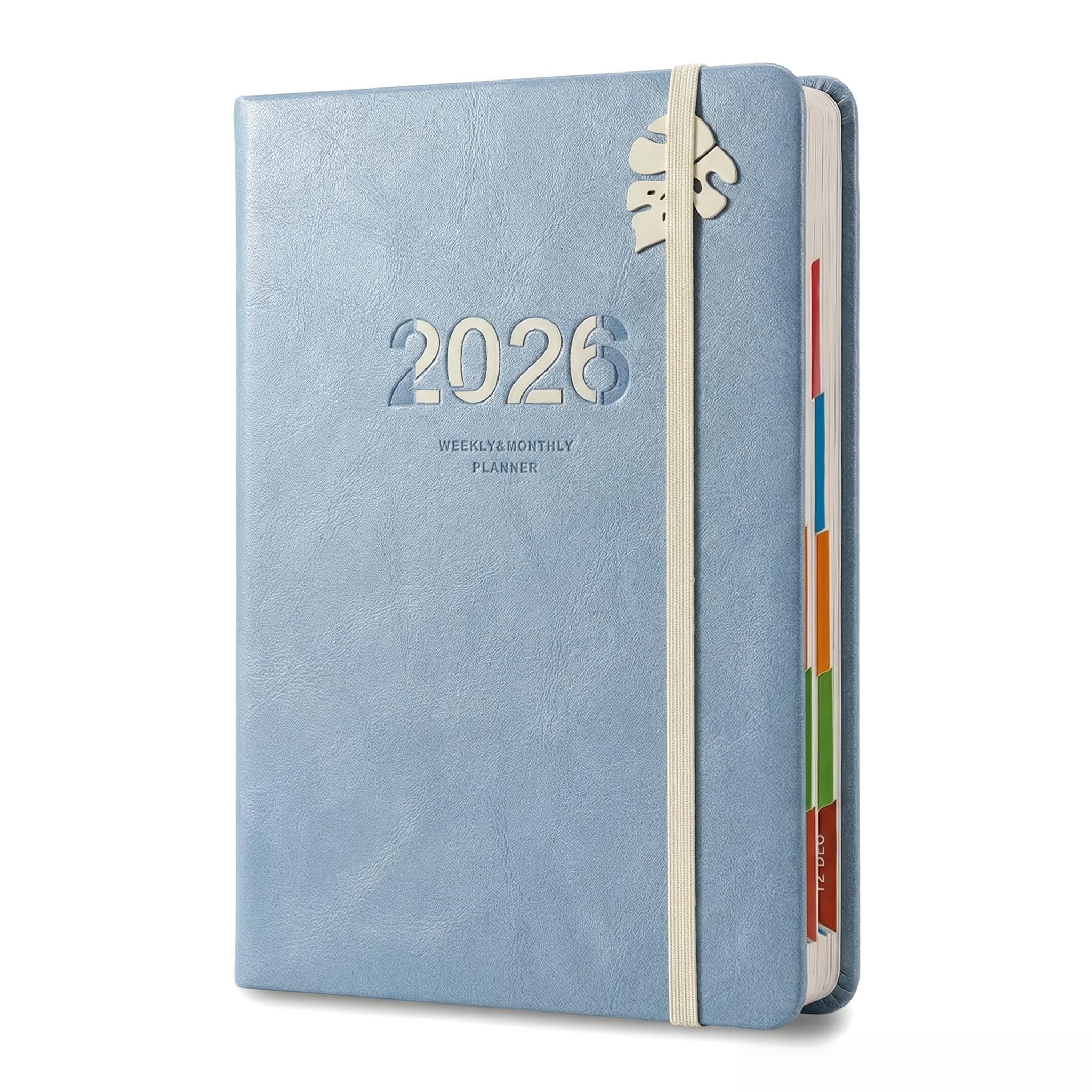 2026 Diary A5 Page a Day with Exquisite Leaf Clasp, Jan-Dec Daily Planner with Monthly Tabs, Leather Ruled Journal with Elastic Closure, Compact & Portable for Work & Personal Use (blue)