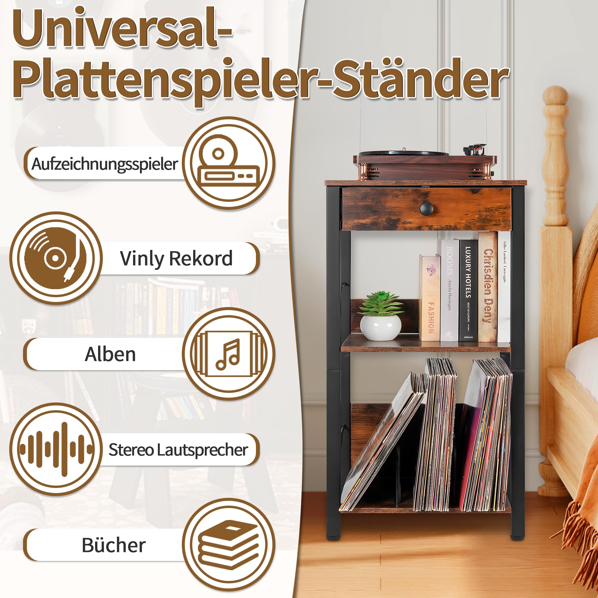 OUUTMEE Vinylowy stojak na gramofon, 3-stopniowy stół z szufladą i półką, do przechowywania maks. 100 albumów
