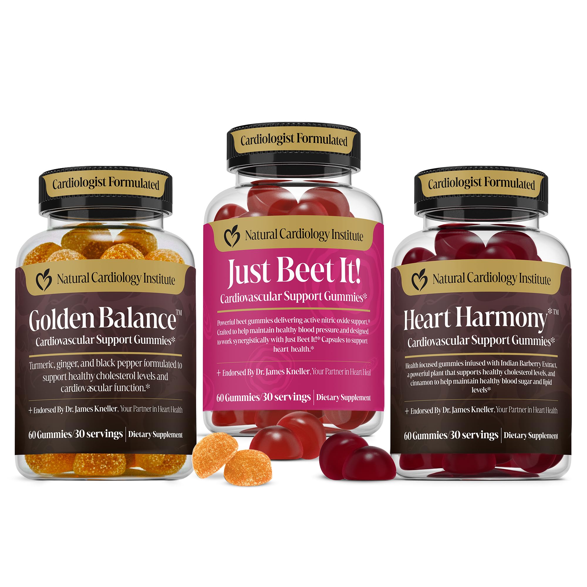 Natural Cardiology Institute 1-2-3 Pressure Down Trio Bundle – Golden Balance, Heart Harmony, Just Beet It Supplement Gummies – Doctor-Formulated Heart & Blood Circulation Support
