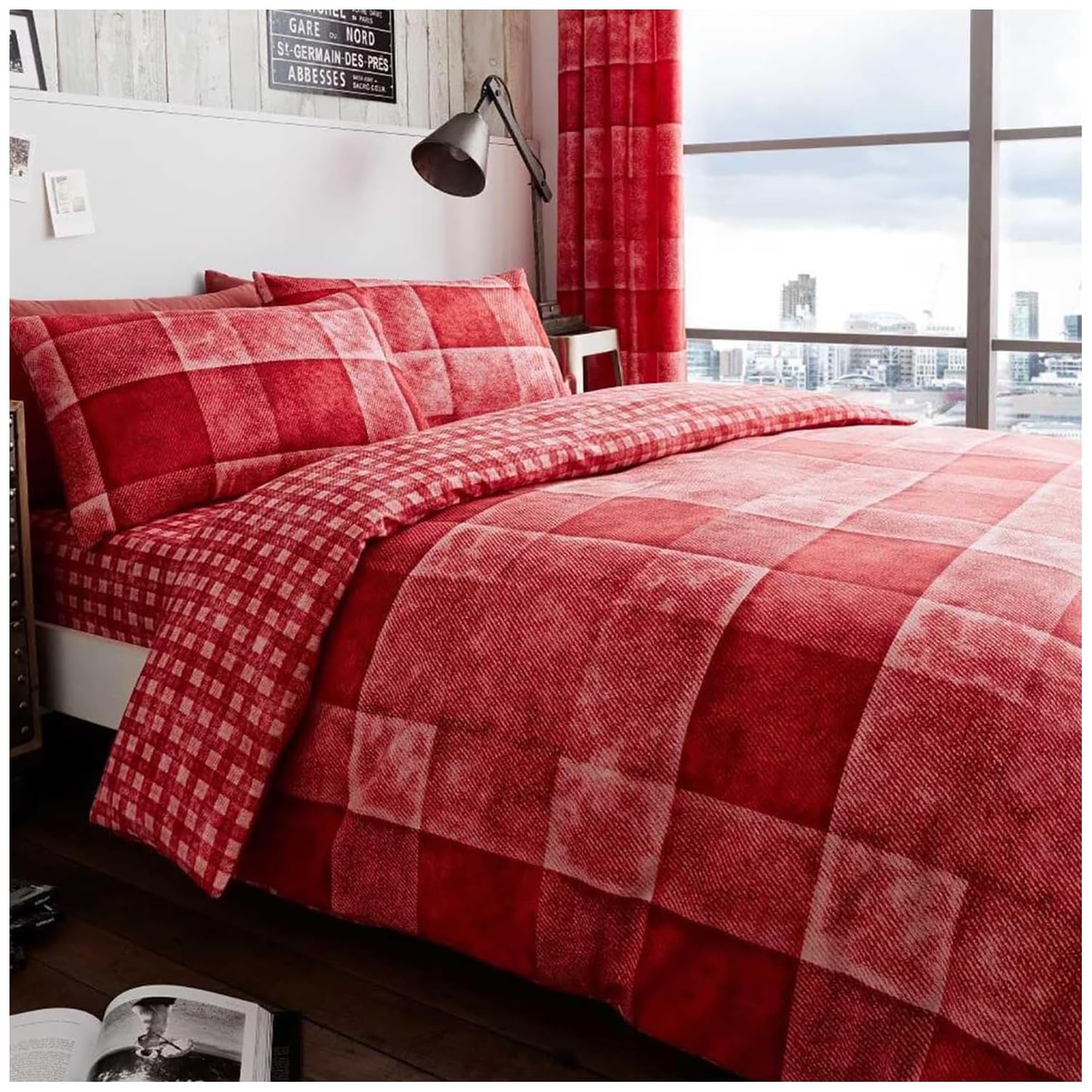 GC GAVENO CAVAILIA Tartan Check Quilt Cover King Size Duvet Cover Sets, Plaid Denim Checkered Reversible Beddings With Pillowcases, Red โ image 1