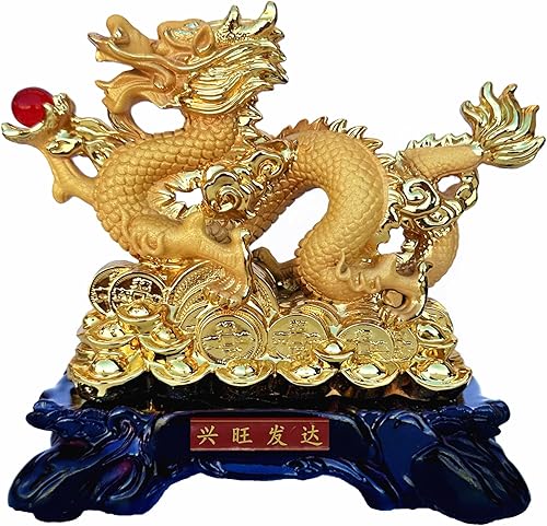 Betterdecor Feng Shui 2024 Dragón del zodiaco chino con moneda de dinero, estatua decorativa para la suerte de la riqueza