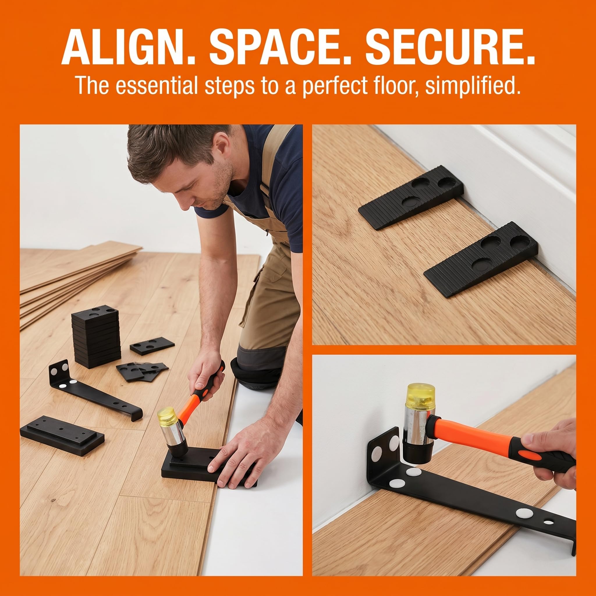 Kit de Instalación de Suelo Laminado, 65 PCS Herramientas para Piso Laminado con Martillo de Goma, Palanca, 60 Cuñas Separadoras, Bloque de Impacto y Rodilleras, Kits Colocación SueloLaminado