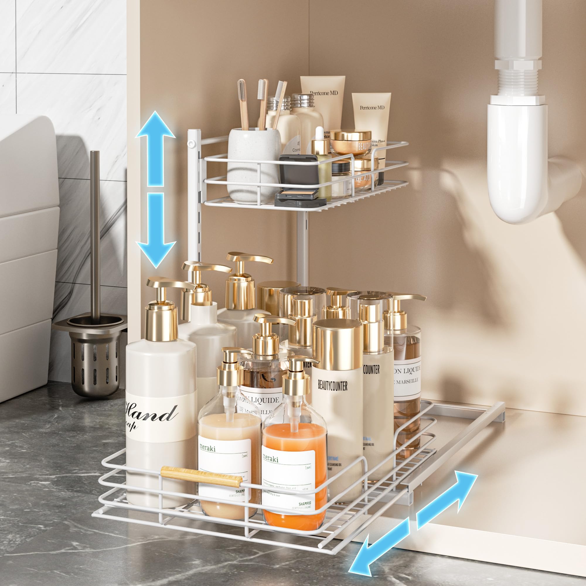 Delamu Under Sink Organizer, Height Adjustable Under Sink Organizers and Storage, Slide Out Under Sink Storage Shelf for Kitchen Bathroom Pantry