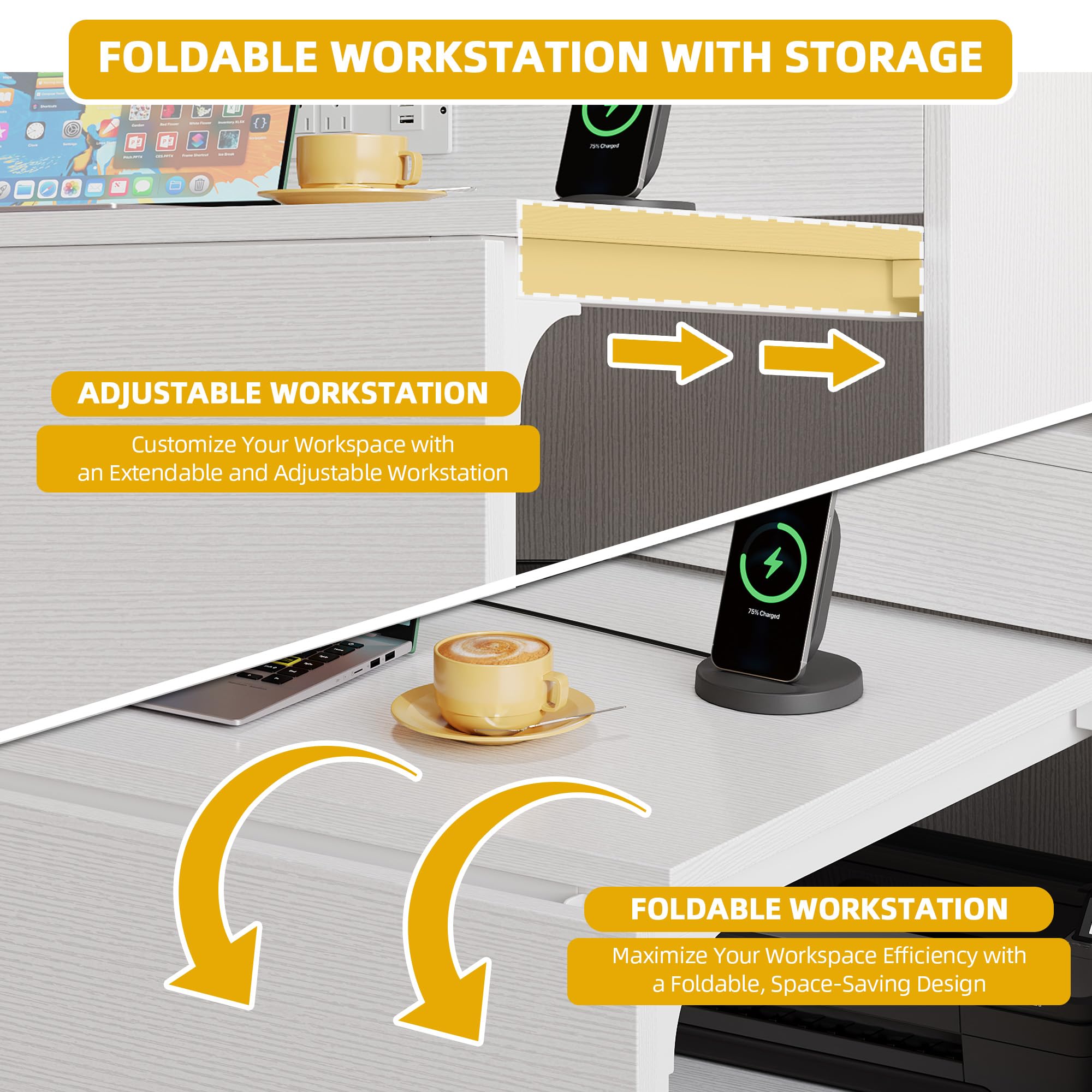 DWVO Sewing Craft Table with Storage, Craft Armoire with Fold-Out Table and USB Power Outlets, Large Capacity Sewing Cabinet with Expandable Desk, Adjustable Shelves for Home or Studio