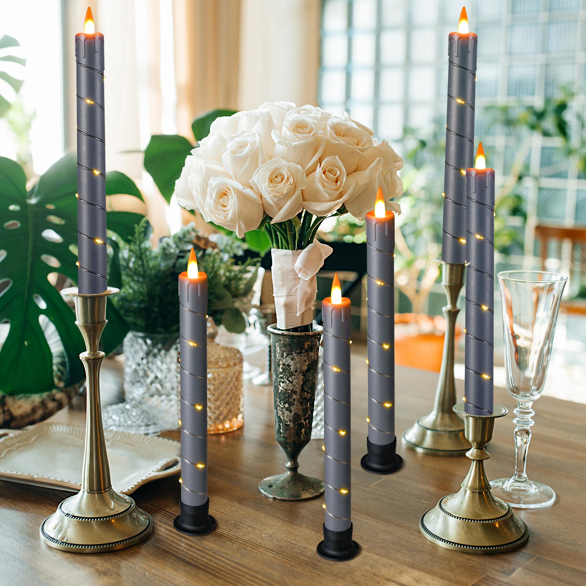 Da by 3 candele tremolanti senza fiamma, a batteria, candele da finestra con telecomando e LED 3D dinamico 3D, fiamma dinamica, 24 cm, per matrimoni, feste, decorazione della casa, colore grigio