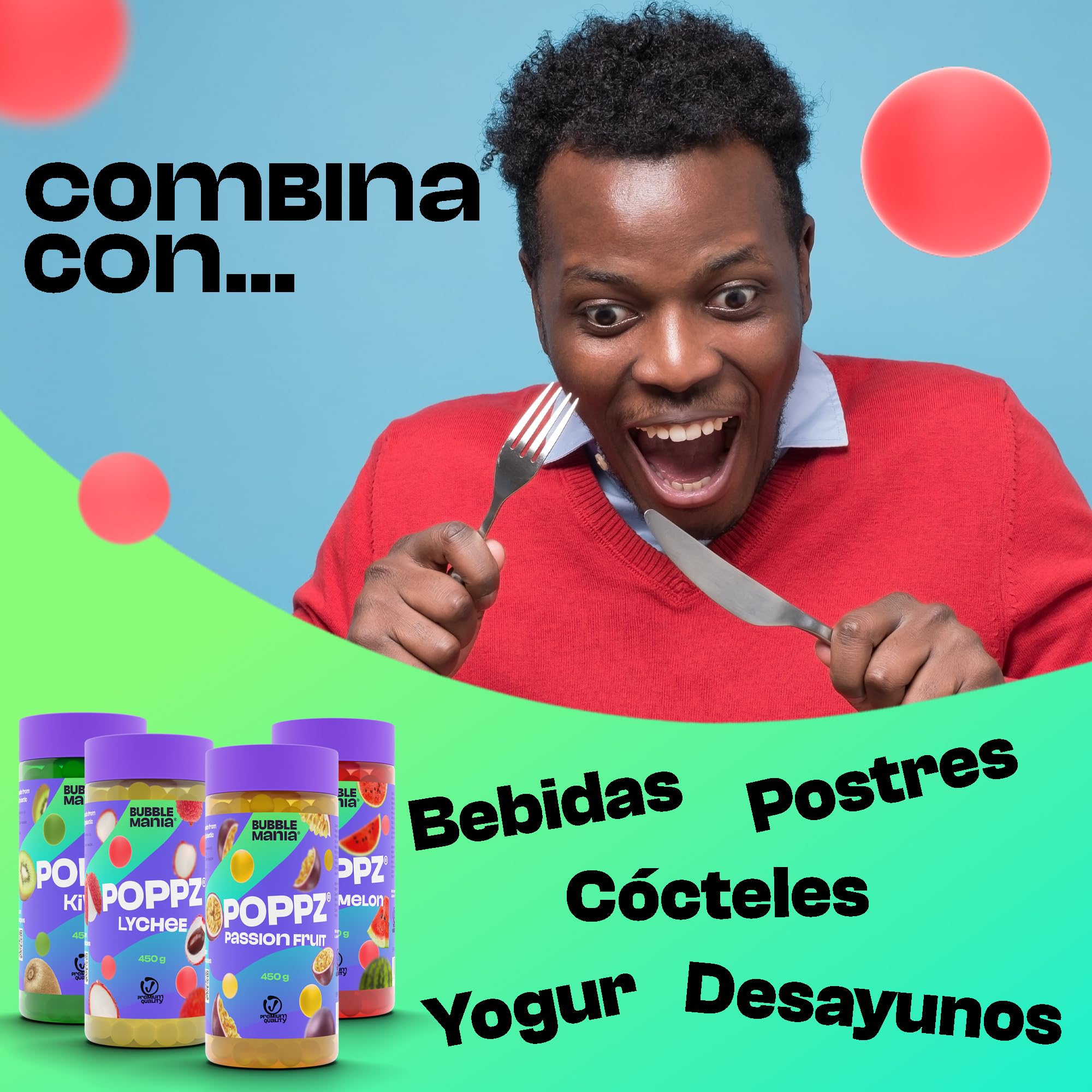 BubbleMania Set de Bubble Tea Boba Popping Perlas de Tapioca 4 Paquete Maracuyá Lichi Kiwi Sandía