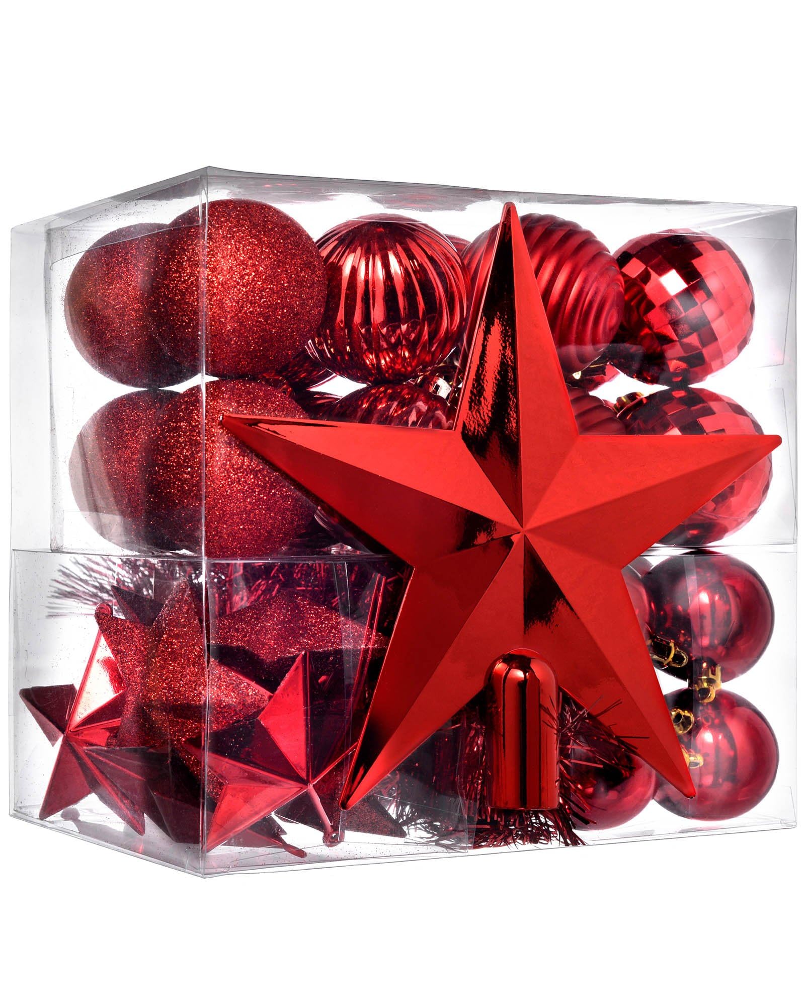 WeRChristmas 42-Piece Shatterproof Baubles Decoration Pack with Tree Topper & Garland - Red, Red