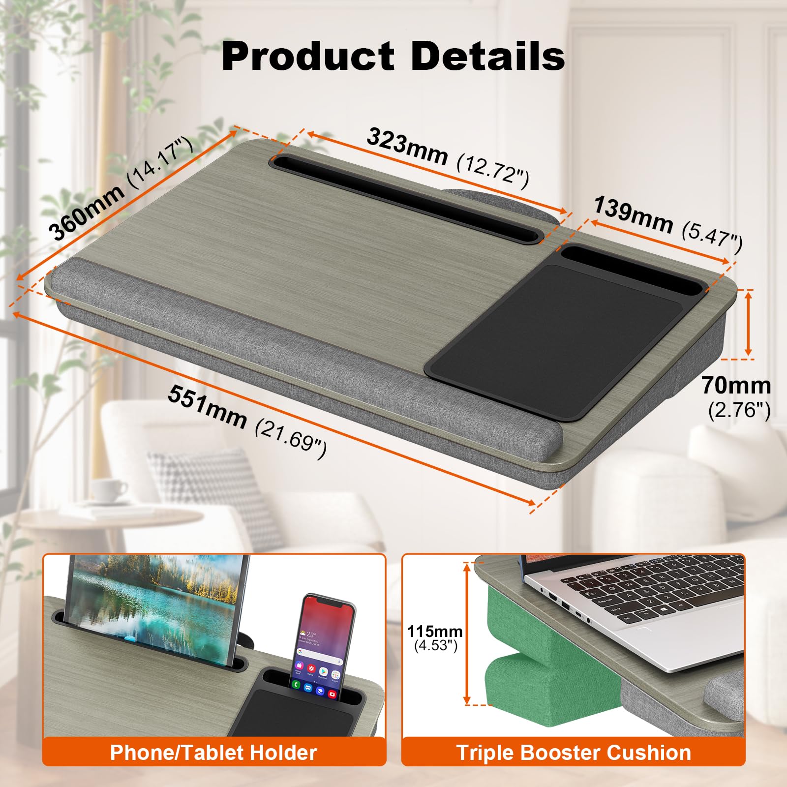 PUTORSEN Poduszka laptopowa 17,3" regulowana wysokość z uchwytem, Szary | Regulacja wysokości 7-11,5cm, podpórka, uchwyt na telefon/tablet, lekki z rączką, stabilny na łóżku i sofie