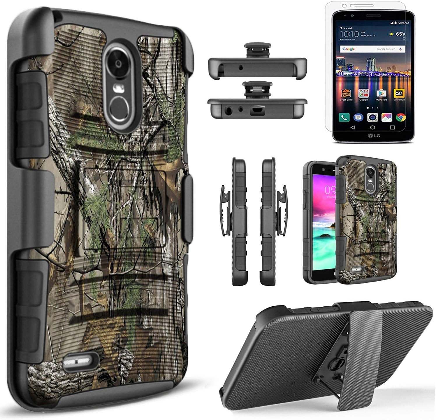 Circlemalls Compatible For LG Stylo 3 Case, LG Stylo 3 Plus Case, With [Tempered Glass Screen Protector], Armor Heavy Duty Kickstand Cover With Belt Clip Holster - Camo