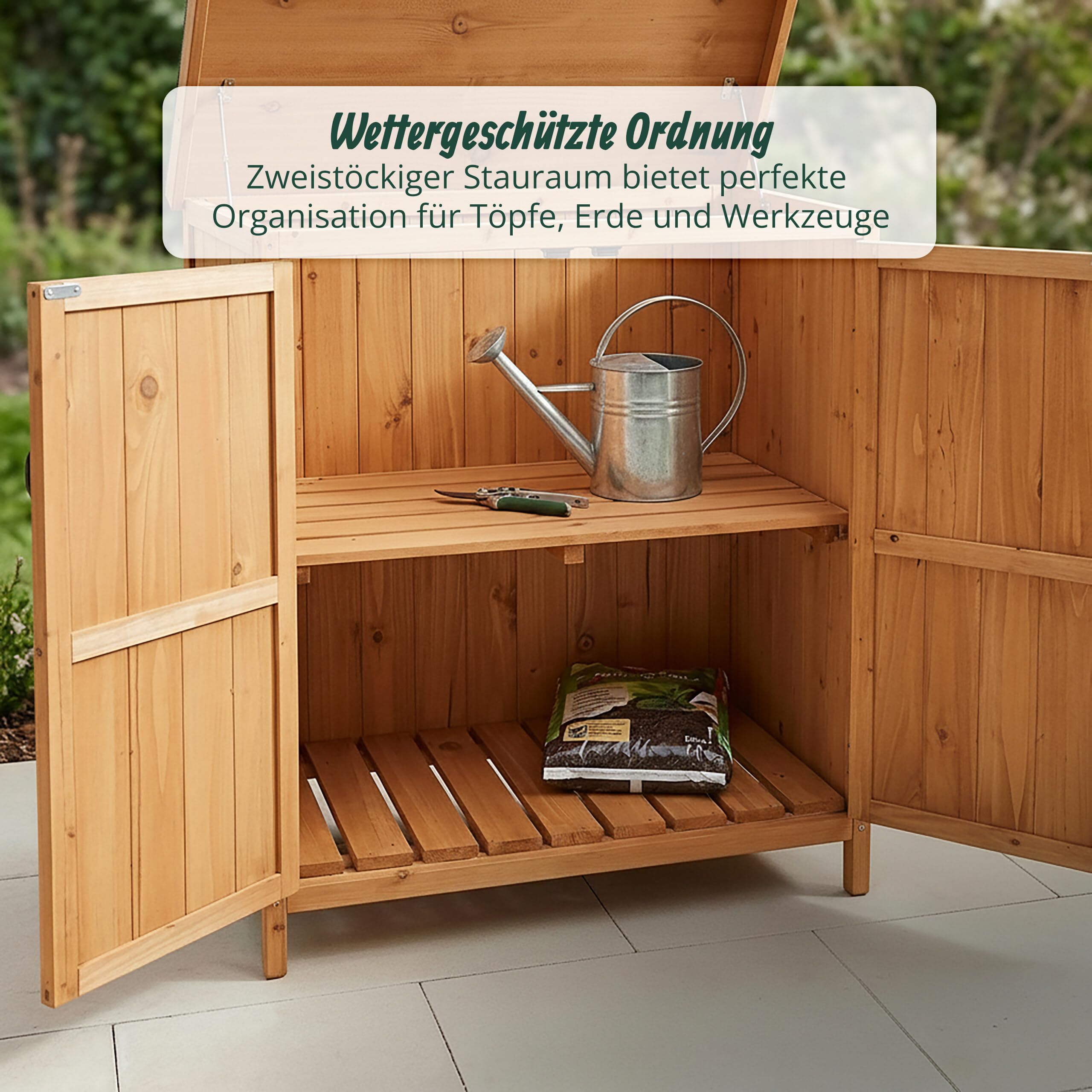 Relaxdays Gartenschrank, Holz, aufklappbares Dach, wetterfest, Einlegeboden, HBT: 88 x 75 x 44 cm, Gerätehaus, Hellbraun