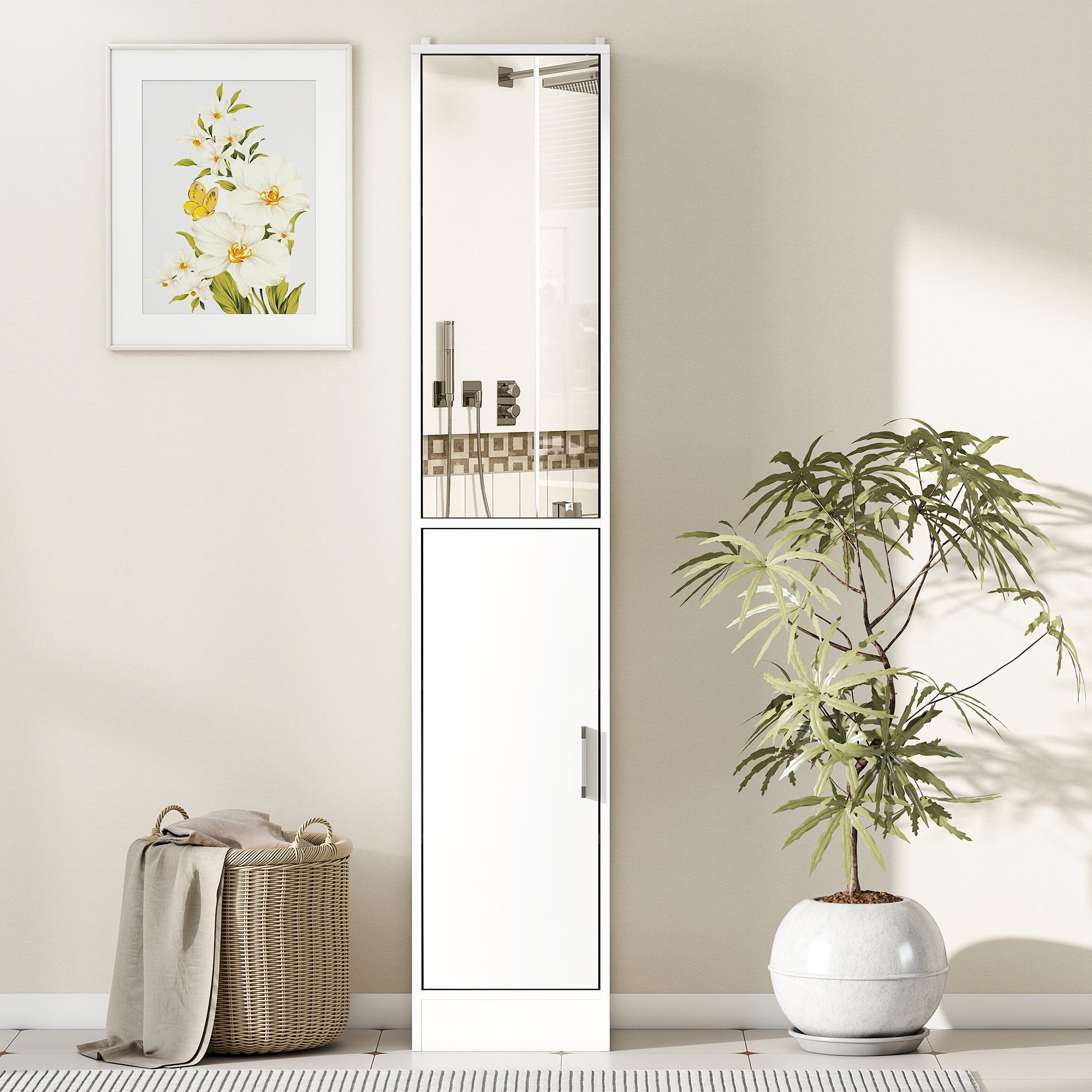 kleankin Armario para Baño Alto Mueble Columna de Baño con Espejo 2 Puertas y Estantes Interiores Ajustables Multiusos para Cocina Salón 32x28x162 cm Blanco