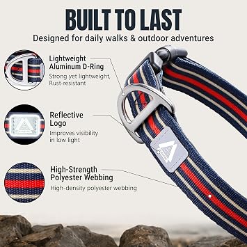 Small Dog Collar, Neck 9-14, Navy Blue Stripe, S
