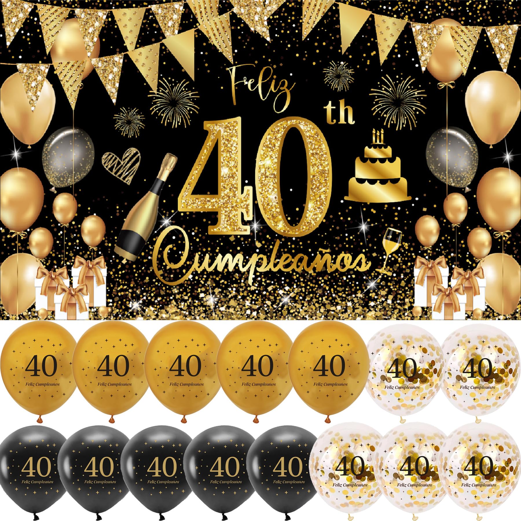 (1+15) Decoración para Cumpleaños 40 Escrita en Español 1 Pancarta Feliz Cumpleños 40 Decoración 40 Años Negro Oro Happy Bithday Fondo Cartel con15 Globos para Cumpleaños Adornos Kit para Cumpleaños