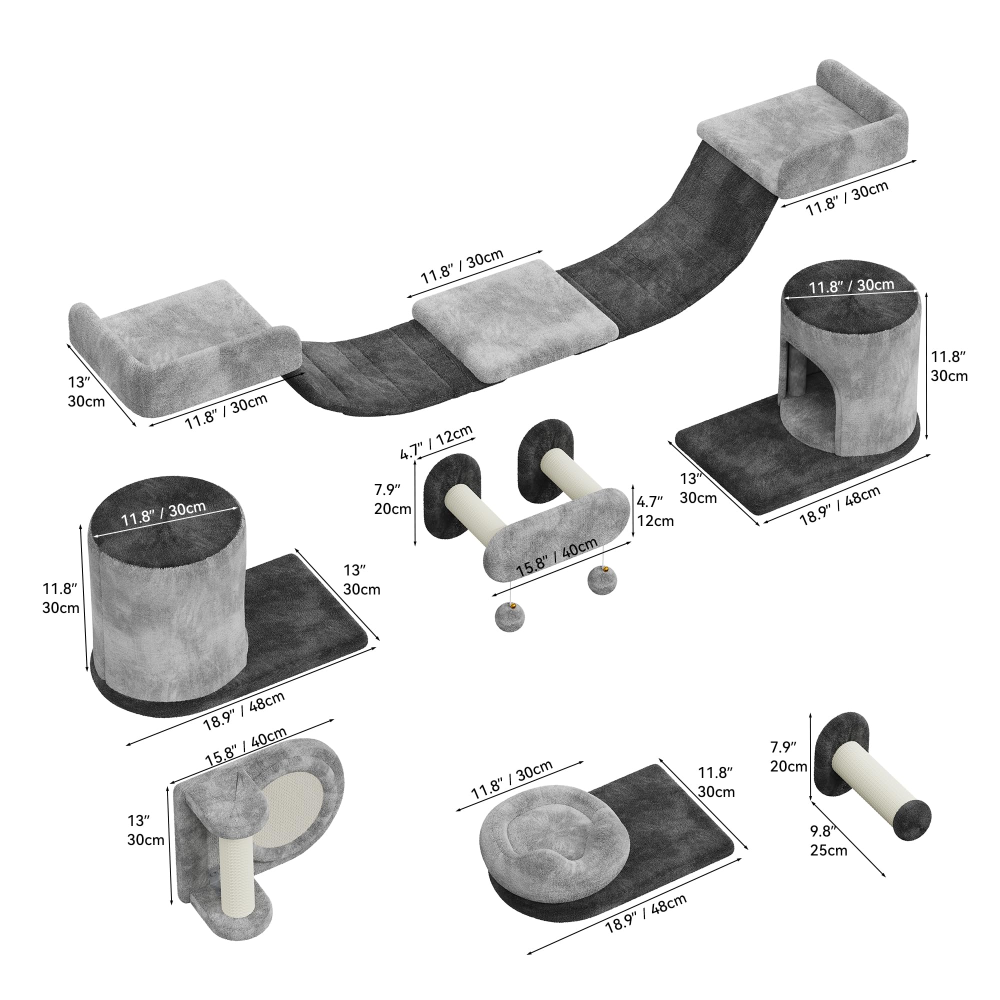 YITAHOME 11-Teiliges Stabiler Kletterwand Katzen Set aus Flanell, Katzenmöbel mit Katzenhaus, Katzenkratzbrett, Katzenhängebrücke, Katzenbett, Sisalsäule für Katze Schlafen Spielen Lounging