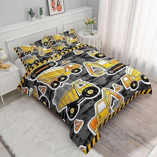 Miniatura 2 de Datura home Juego de edredón de camión de construcción para niños y niños, juego de ropa de cama con estampado de excavadoras, camiones, maquinaria,