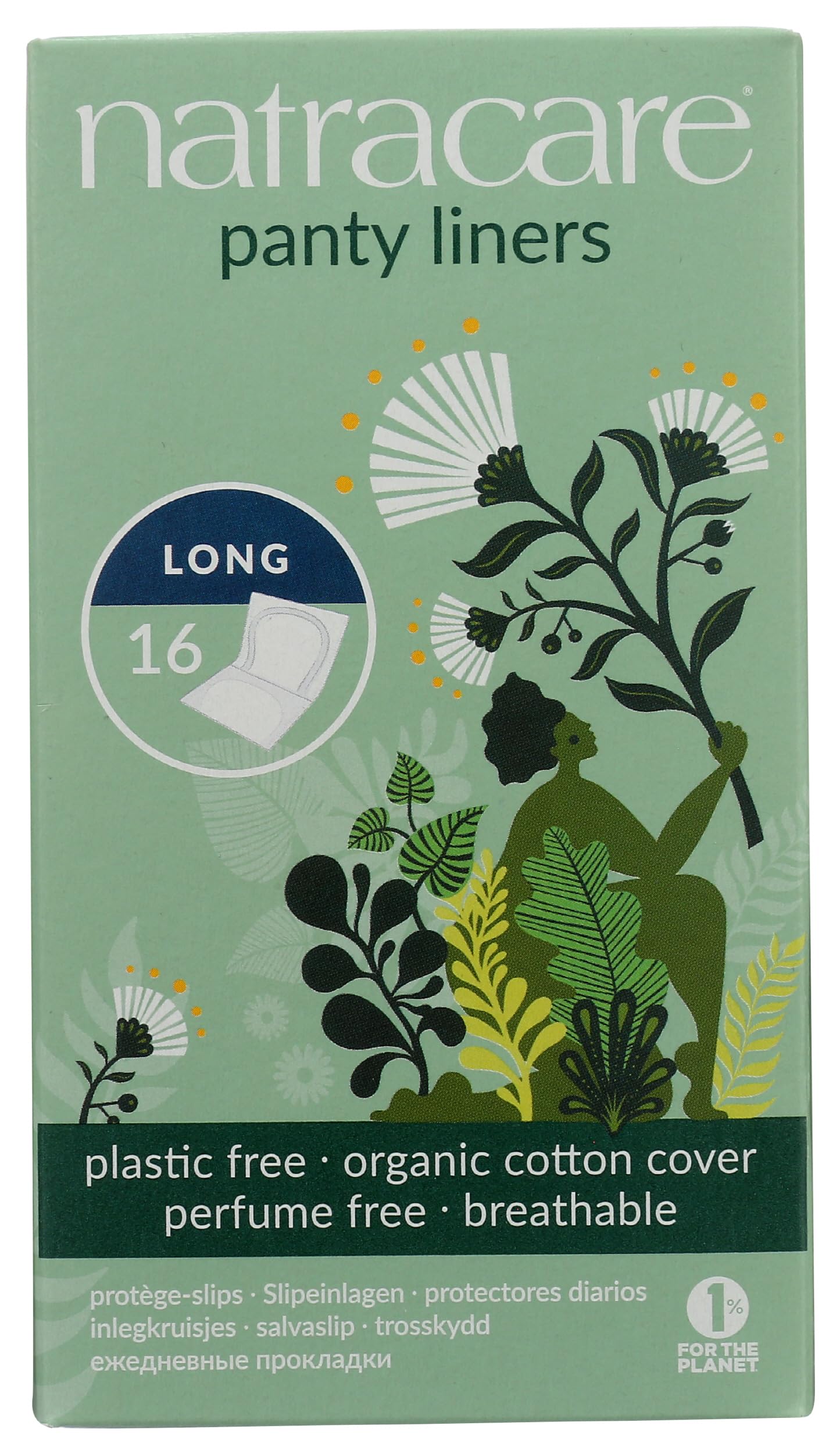 Natracare Natural Organic Panty Liners, Long, Made with Certified Organic Cotton, Ecologically Certified Cellulose Pulp and Plant Starch (1 Pack, 16 Liners Total)