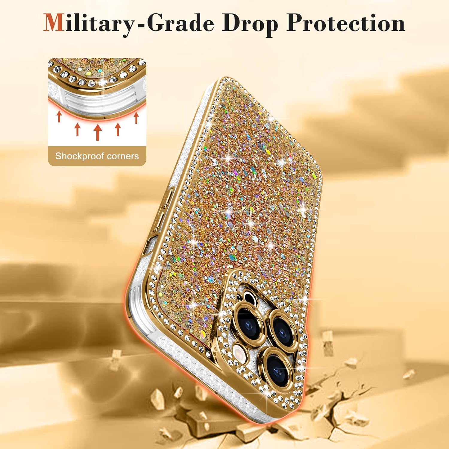 Lafunda for iPhone 14 Pro Case Glitter, Luxury Shiny Bling Sparkly Bumper Cover with Crystal Diamonds for Women Girls Soft TPU Slim Shockproof Protective Phone Case for iPhone 14 Pro 6.1", Gold - Image 3