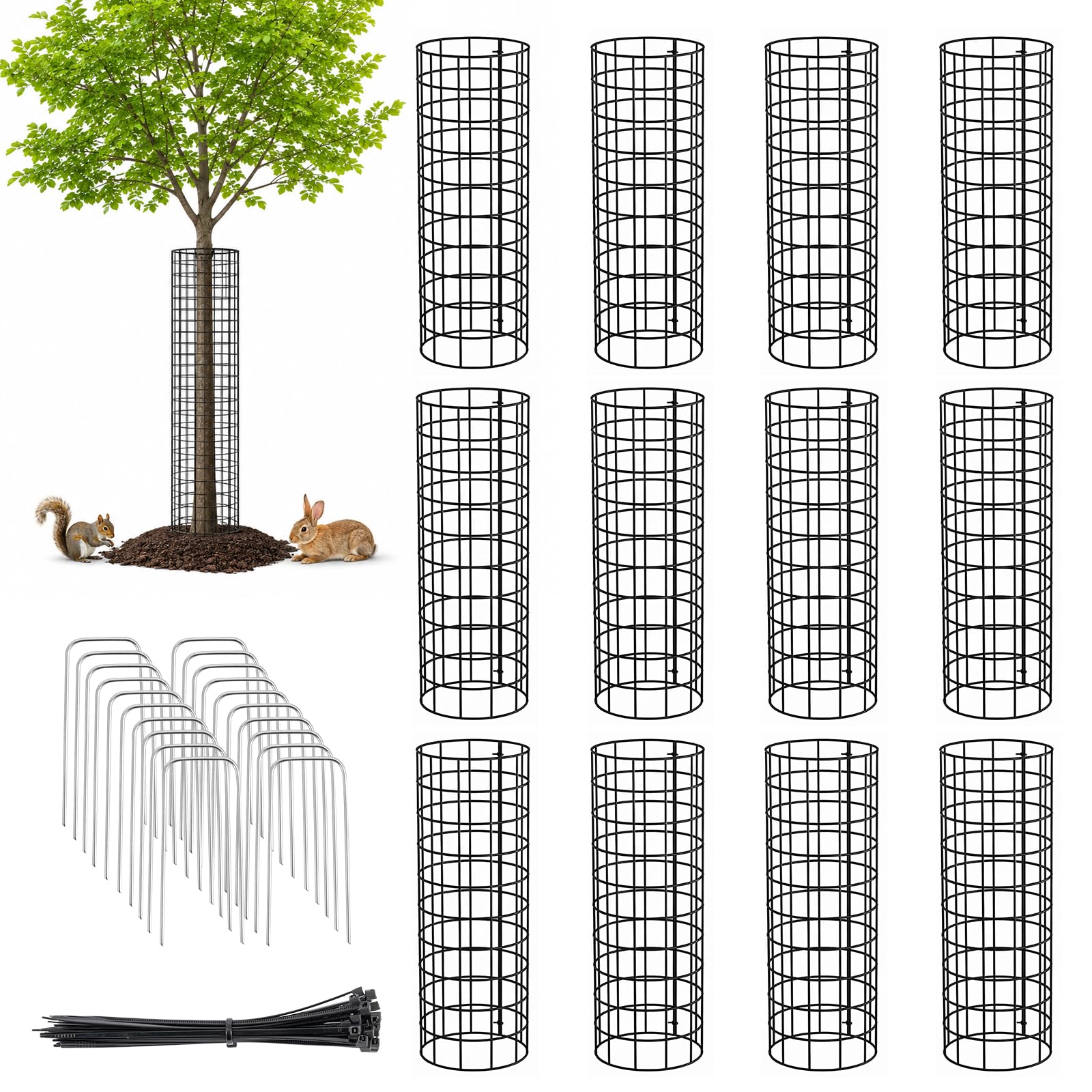 EVERGOODS 12 Pack Tree Trunk Protector, 37x41.5cm Metal Mesh Tree Guard for Saplings, Expandable Trunk Wrap with Zip Ties and Ground Spikes, Protect Trees from Deer Squirrels Rabbits Wild Animal Cont