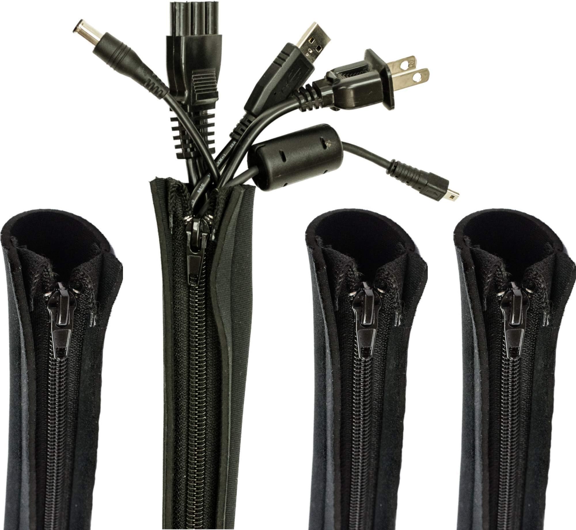4 Pack Blue Key World Cable Management Sleeve, 20 Inch Cord Organizer System with Zipper for TV Computer Office Home Entertainment, Flexible Cable Sleeve Wrap Cover Wire Hider System (Black)