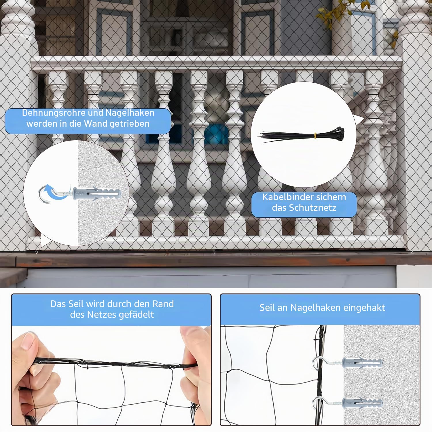 Katzennetz für Balkon, 3x4m Nylon Balkonnetz für Katzen Katzenschutznetz mit Befestigungsseil Nägel Kabelbinder für Fenster, Terrasse, Balkon (Schwarz)