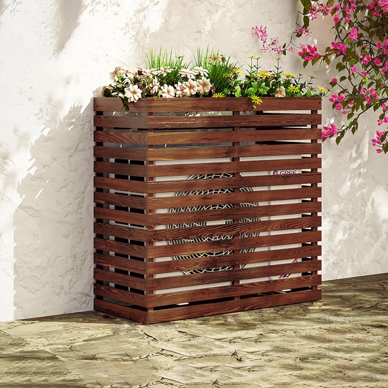 Decorative Air Conditioner Cover Wooden Flower Stand Outdoor Fence Air Conditione Cover Privacy Screens Solid Wood Air Conditioner Flower Stand Breathable for Garden Patio Lawn. ( Color : Brown , Size