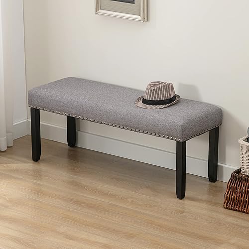 Miniatura 5 de DUHOME Banco de entrada tapizado, banco de tela para dormitorio, banco otomano, banco de pie de cama, banco de comedor con patas de madera con