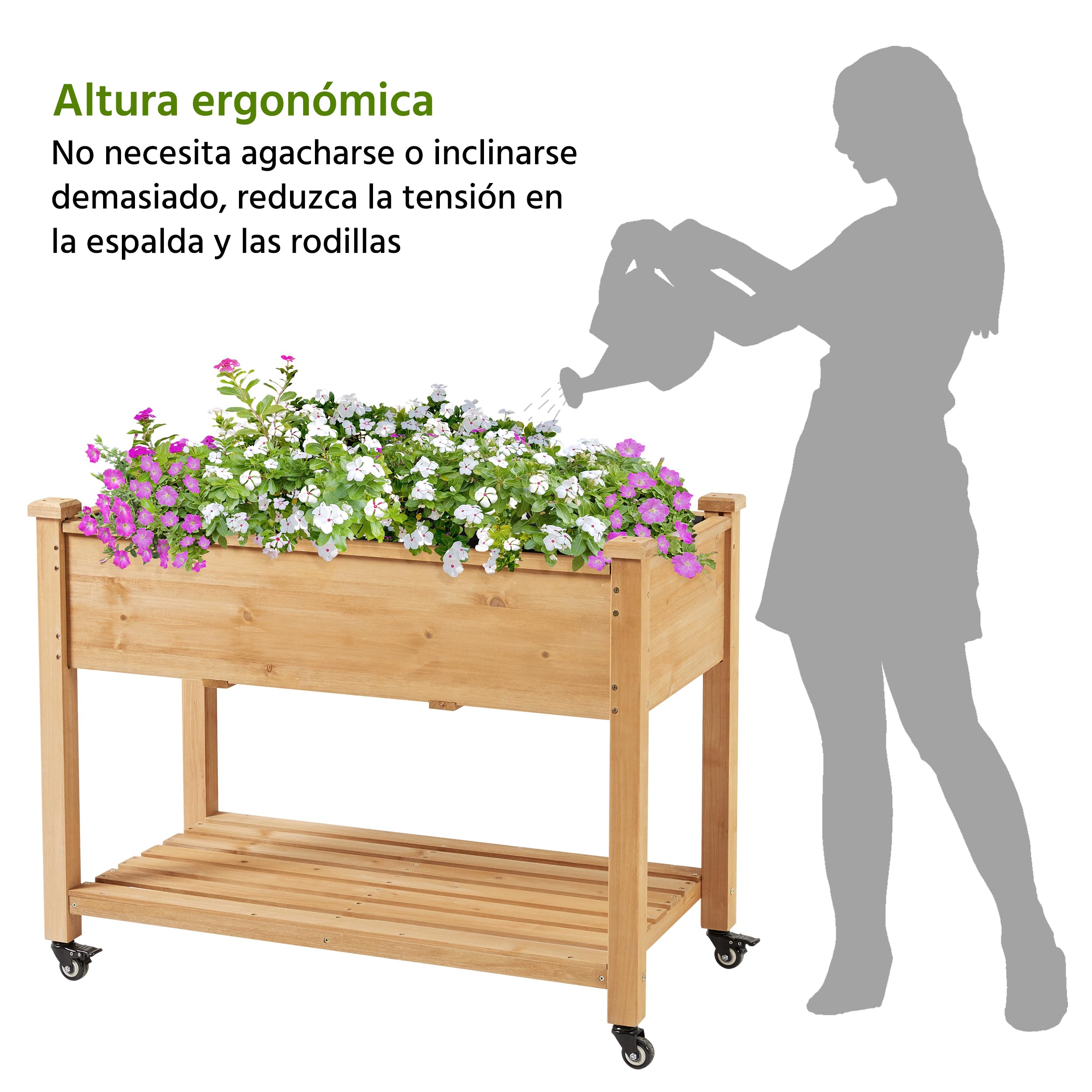 Yaheetech Huerto Urbano Elevado de Madera de Abeto Mesa de Cultivo de 2 Niveles con Ruedas Desmontables, Forro no Tejido, Ideal para Flores y Vegetales Marrón Claro 105 x 56 x 83 cm