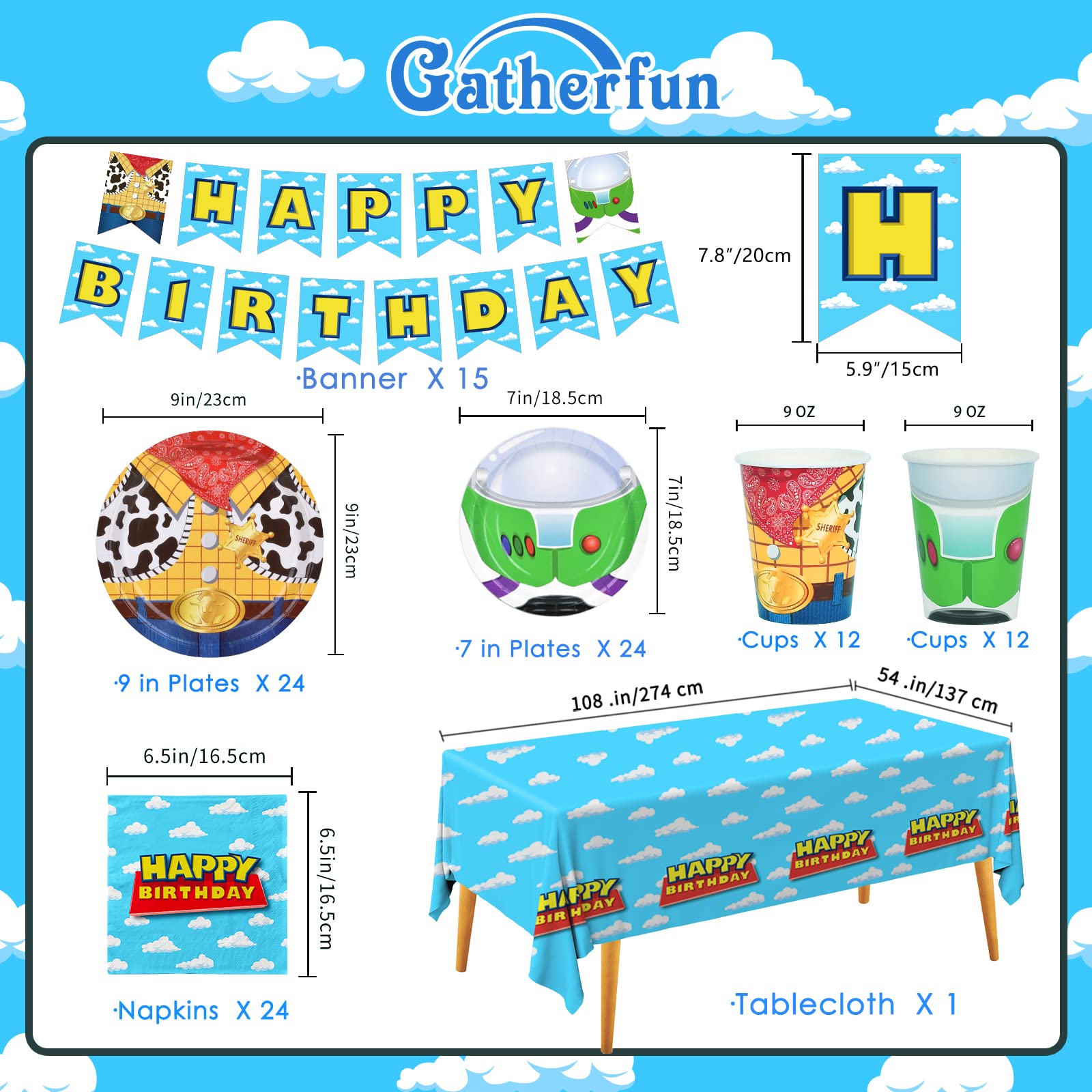 Toy Inspired Story Party Supplies Disposable Paper Plates Napkins Cups Tablecloth and Banner for Toy Game Story Party Birthday Decorations, Serve 24.