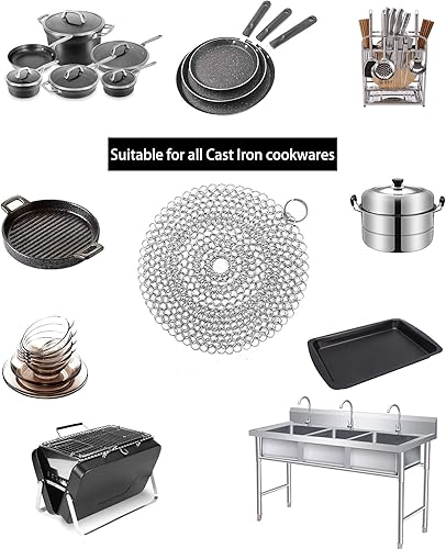 Miniatura 4 de Limpiador de sartén de hierro fundido, paquete de 2 unidades de acero inoxidable de alta calidad para sartenes de hierro fundido, acero inoxidable,