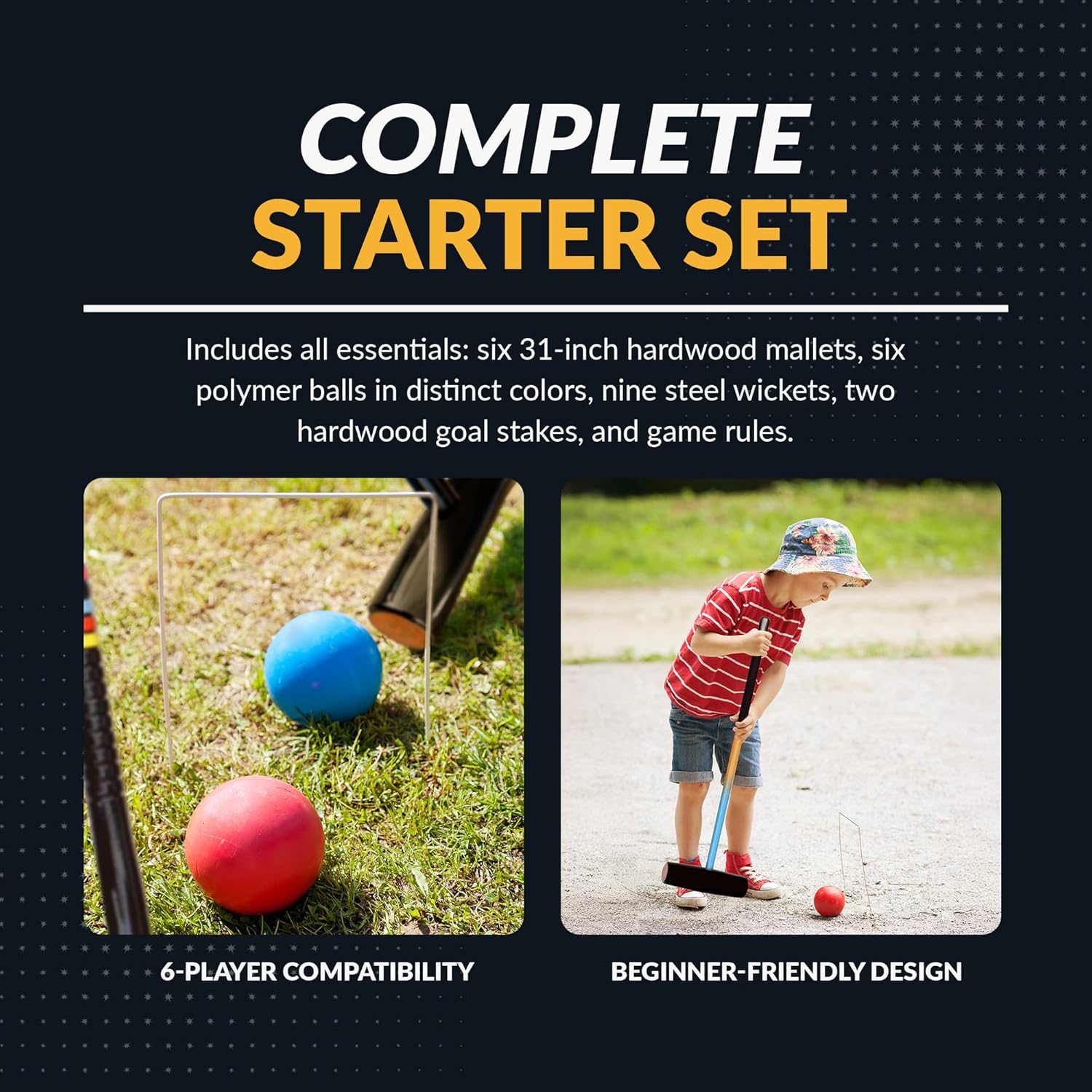 Hathaway Deluxe 6-Player Croquet Set for Adults, Kids & Families – Includes Durable Hardwood Mallets & Handles, Chip-Resistant Croquet Balls, Steel Wickets, Nylon Carrying Bag - 33.5"L x 9"W x 2.75"H