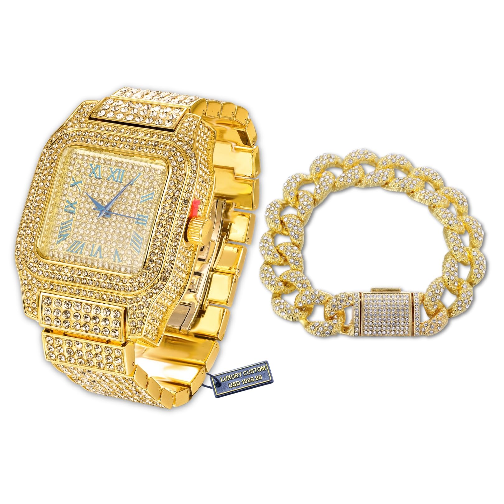 Halukakah Moissanit-Diamant Uhr für Männer – THE Kingdom - 18k Echtgold/Platin Weißgold Plattiert,Schweizer Quarz Römische Ziffern Quadratisches Zifferblatt,22cm Armband,Optional mit Cuban-Link Kette