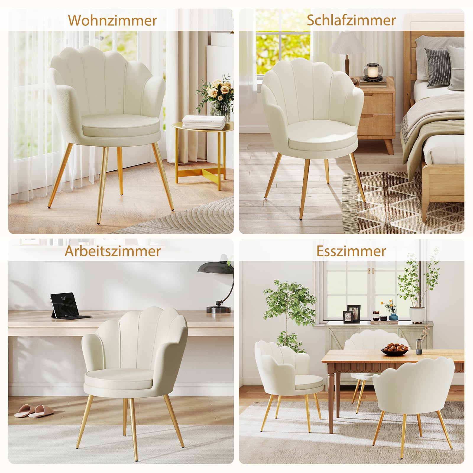Esszimmerstühle aus Samt, Schminktisch Stuhl, Muschelsessel mit Blütenblatt-Rückenlehne, Polstersessel Stuhl Schminktisch mit Gold Metallbeinen für Schlafzimmer Esszimmer Wohnzimmer, Beige