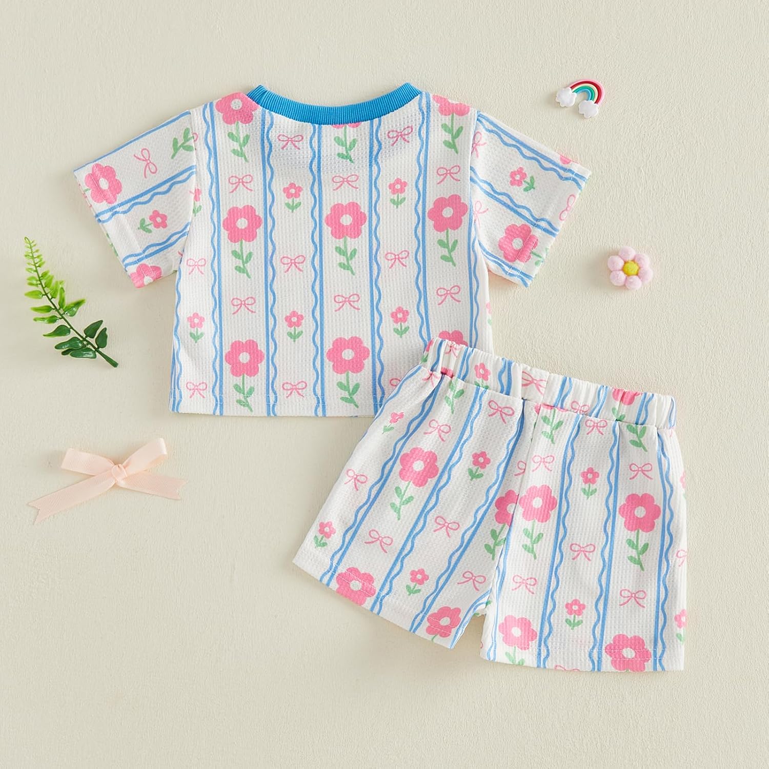 GOOCHEER Toddler Baby Girl Summer Outfit Daisy Floral Print Waffle Short Sleeve T-Shirt Tops Shorts Infant 2Pcs Clothes Set - Image 7