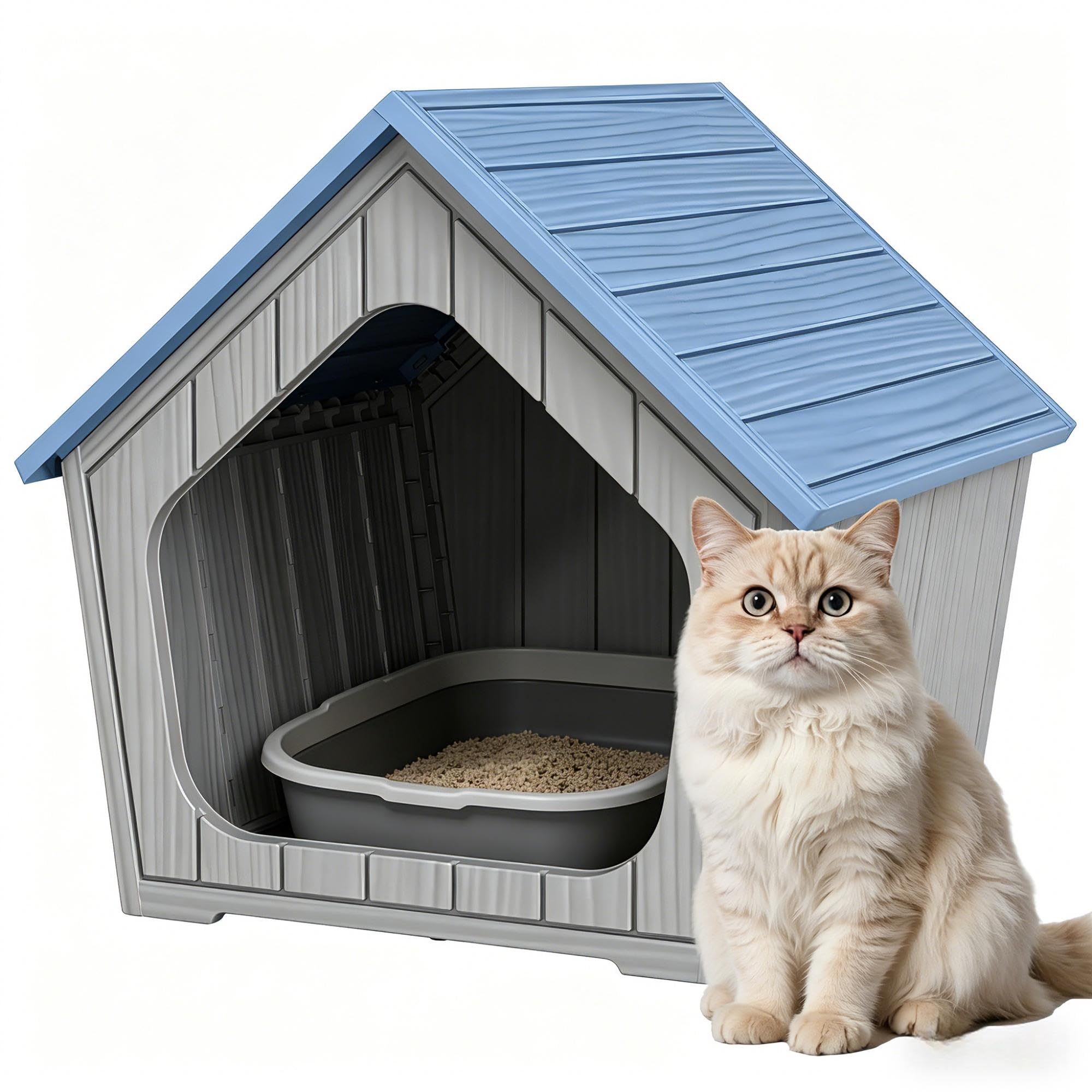 Cat Litter Box Enclosure, Resin Outdoor Litter Box with Air Holes, Cat Houses for Outdoor Cats, Wide Opening Design for Easy Cleaning, Blue