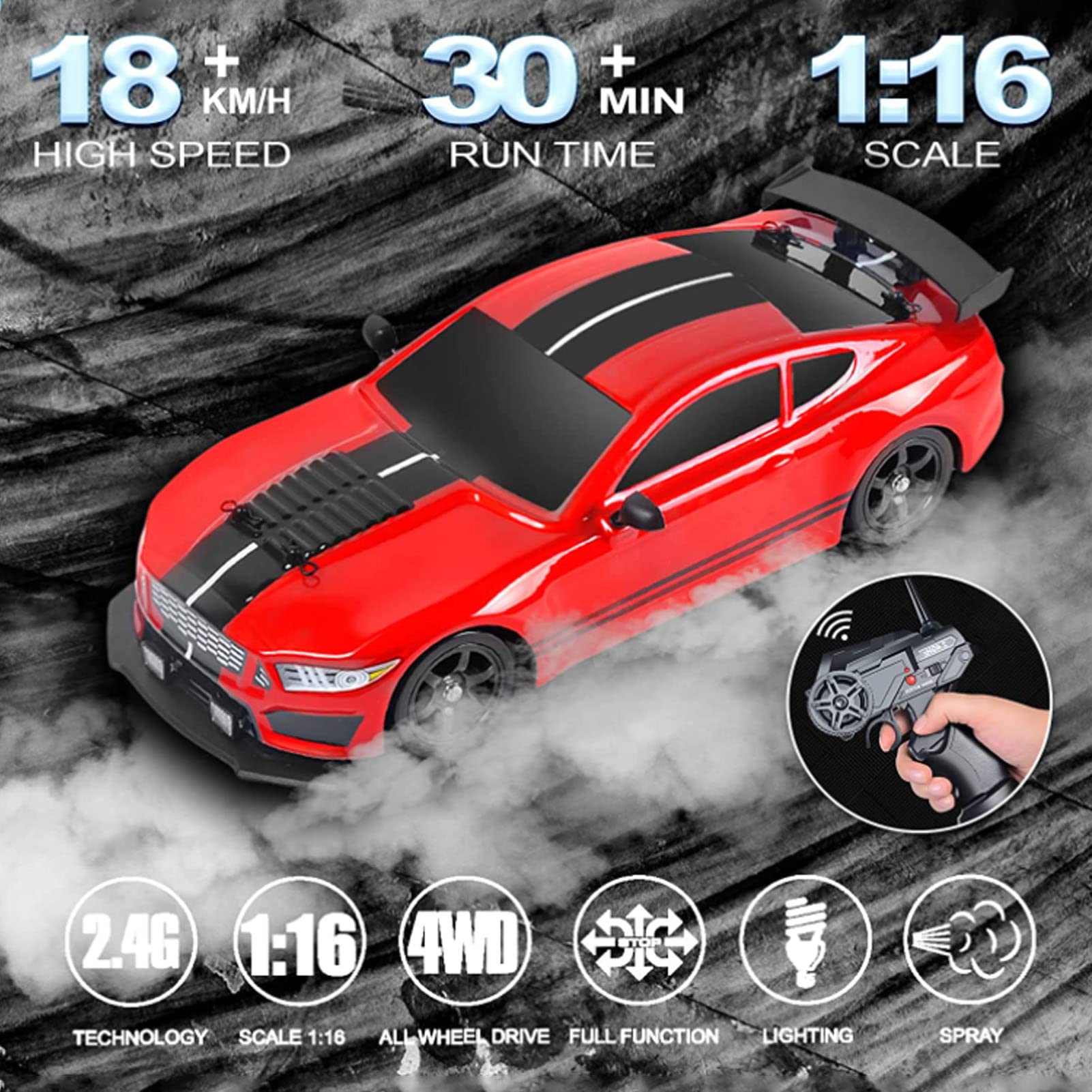 BuyWeek Macchina Telecomandata, 1/16 2.4 Ghz Auto Telecomandata 18km/h Auto RC con Luci a LED per Bambini Adulti (Doppie Batterie)