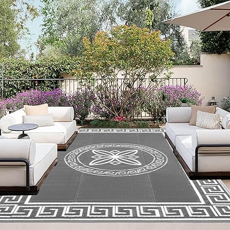 OutdoorLines Outdoor Reversible Rugs for Patio 4x6 ft - Plastic Area Rug, Stain & UV Resistant Portable RV Carpet, Plastic Straw Mats for Porch, Pool Deck and Camping Quatrefoil/Gray & White