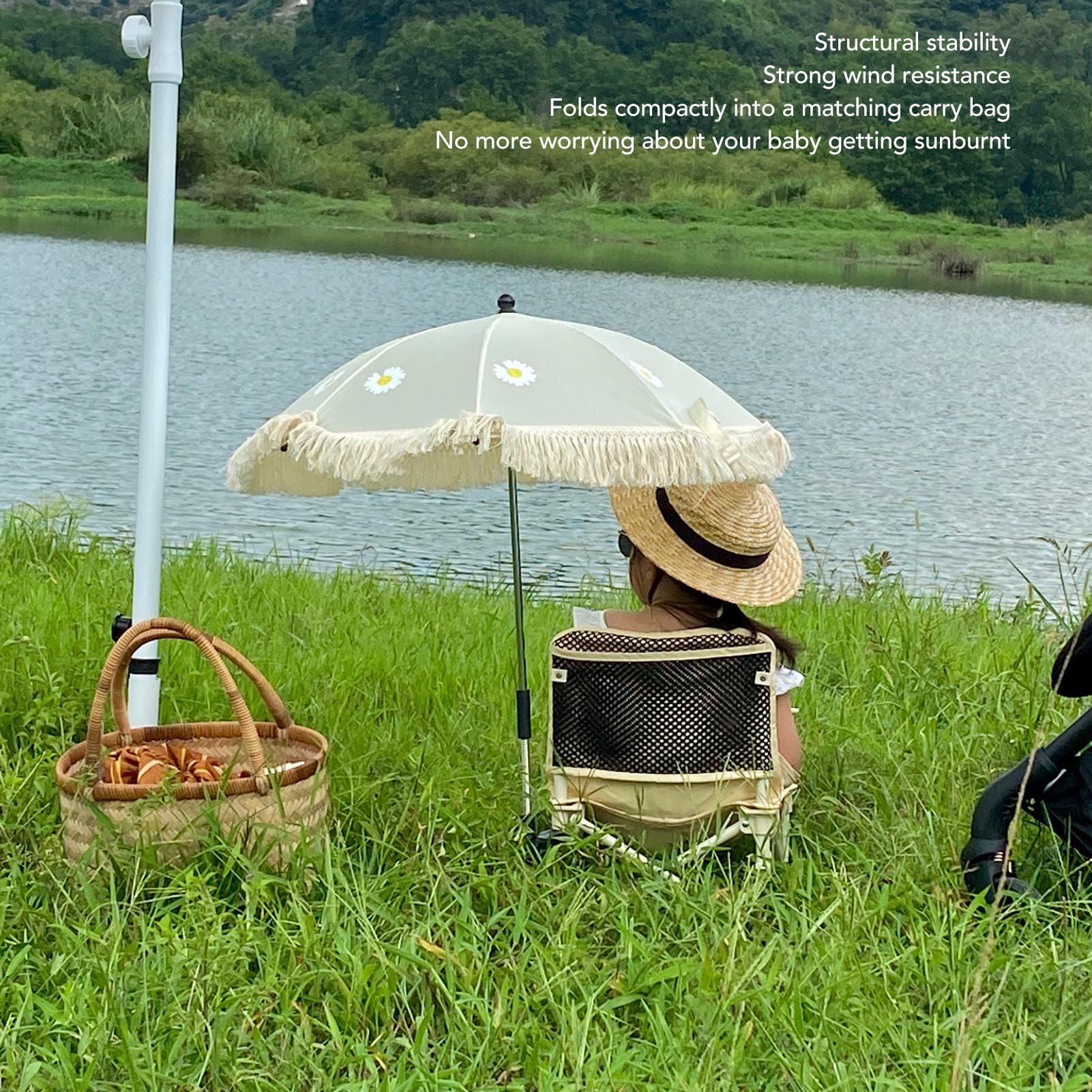 Parasol de Poussette pour bébé, Accessoire de Poussette Facile et Polyvalent pour les Amis avec des Nourrissons, Parapluie de Soleil en Tissu Oxford avec des Glands (Beige avec