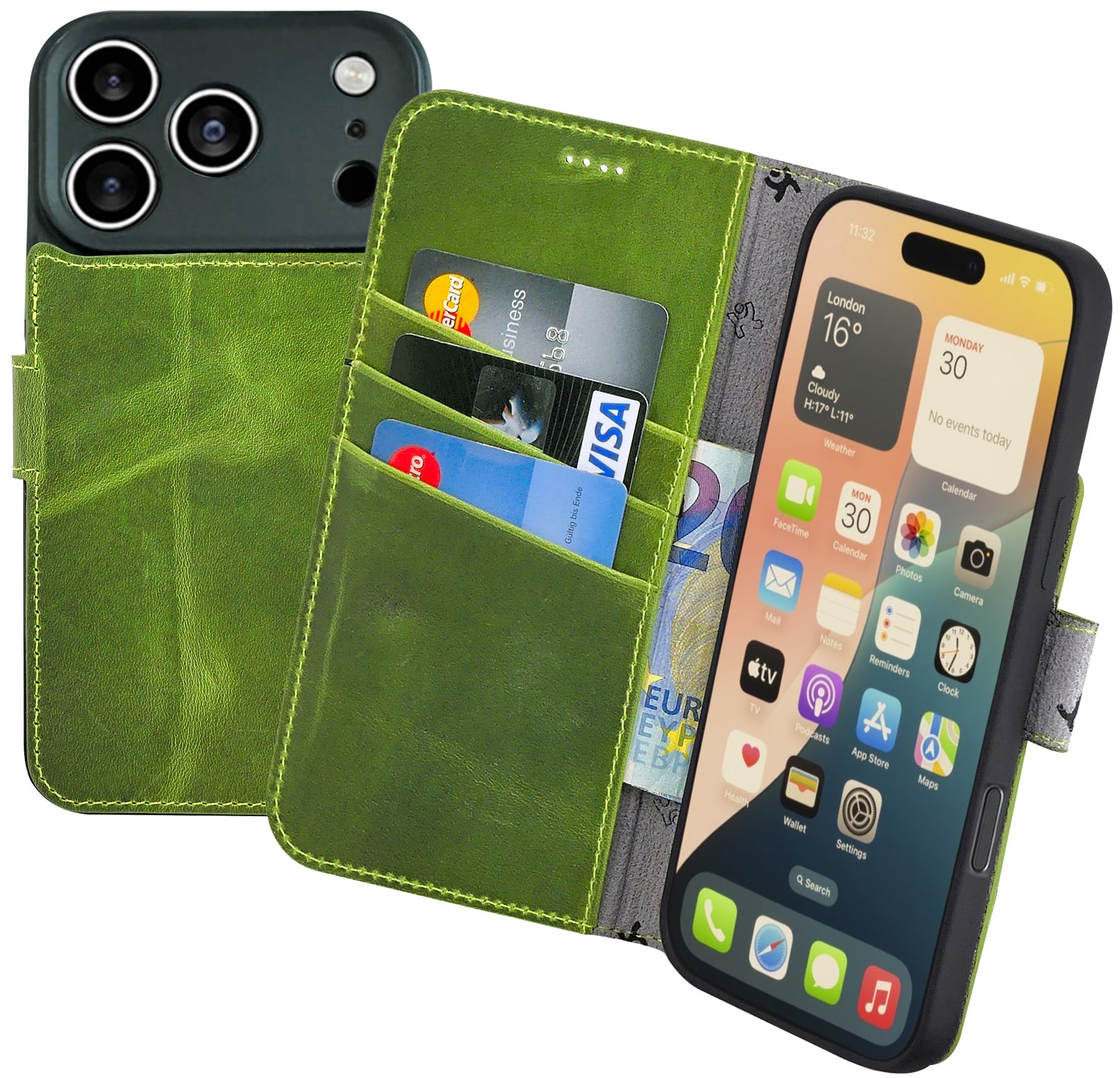 Suncase Oryginalne etui w stylu książki kompatybilne z iPhone 18 Pro Max, etui z prawdziwej skóry, etui na telefon komórkowy, portfel z 3 przegródkami na karty, kolor antyczny, zielony kiwi