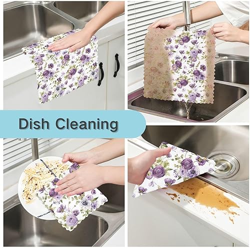 Miniatura 2 de linqin Violet Flowers 6 Pack Absorbent Kitchen Towels and Dishcloths Sets Microfiber Decorative Quality Car Drying Towels Reusable for Bathroom