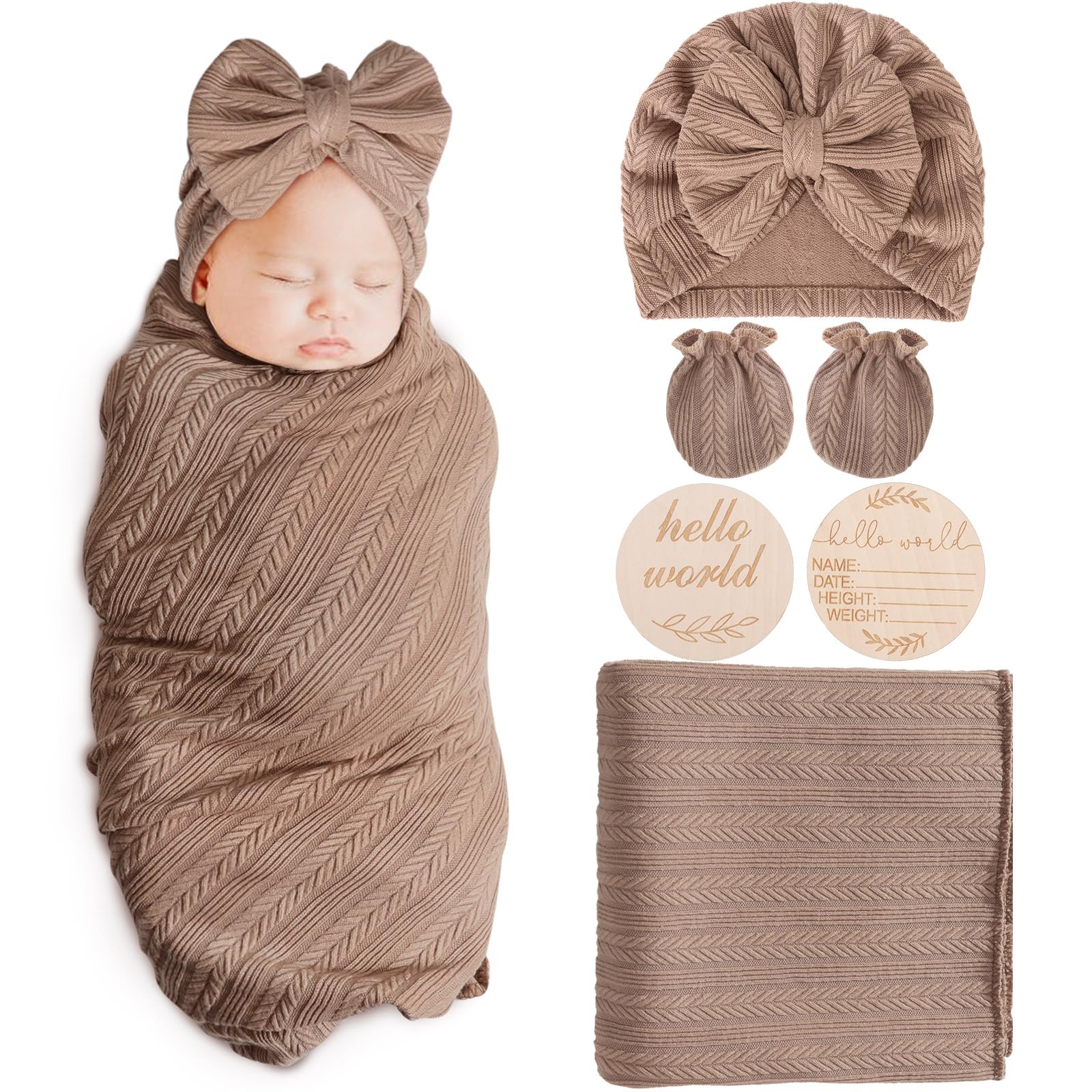 AQOKKA Newborn Receiving Blanket with Bow Hat Mittens Wooden Card Set Wheat-Pattern Newborns Toddler Baby Boy Girl Nursery Swaddle Wrap