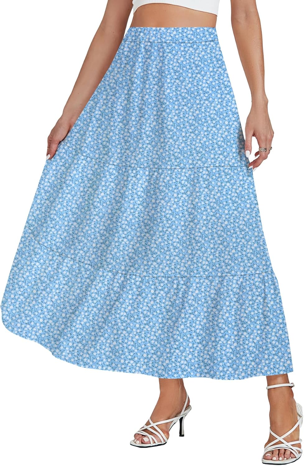 LYANER Women's Elastic High Waisted Ruched Tiered Ruffle Hem Long Skirt with Pockets - Image 3