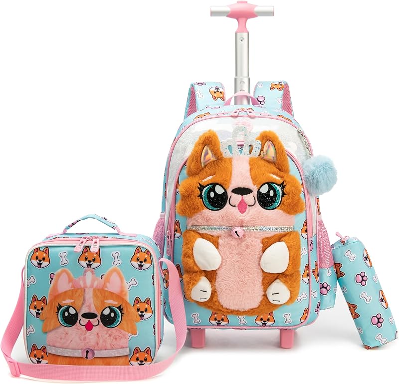 Cute 3D Dog Rolling Backpack for Girls Backpack with Wheels for Elementary Student Kids Plush School Bag with Lunch Box Pencil Case for Girls Ages 6-8 Years Old Black